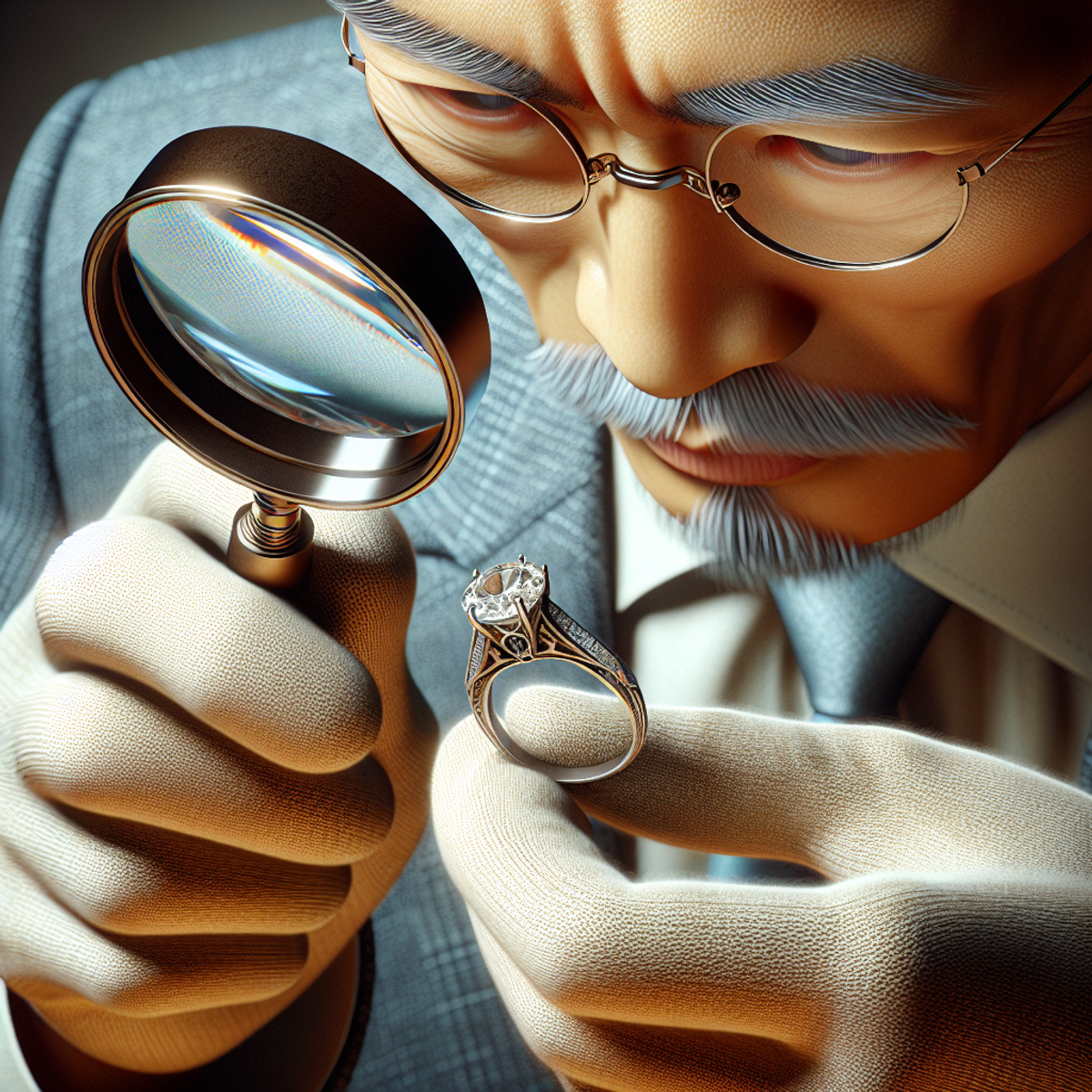 A man with a magnifier examining a vintage diamond ring.