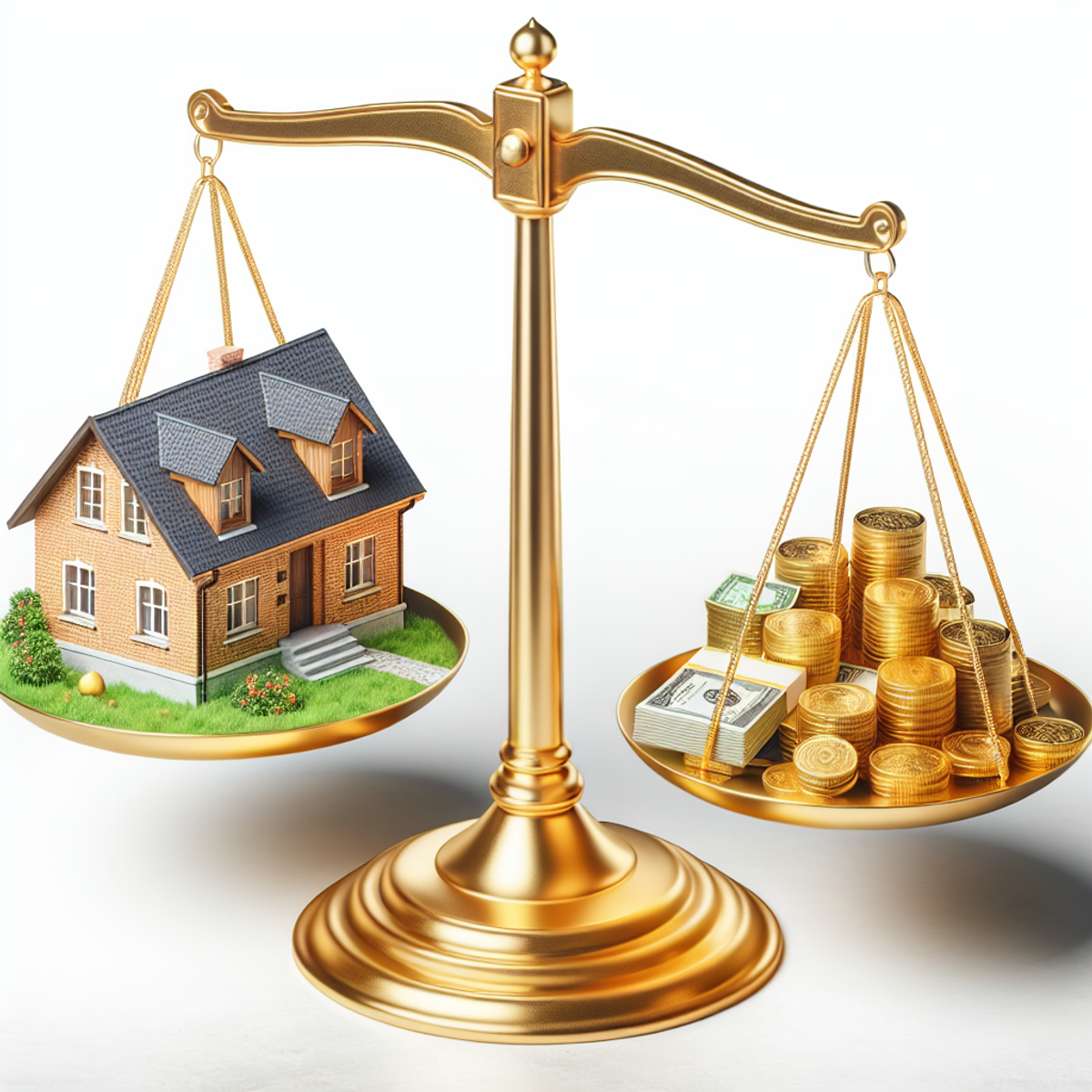 A golden scale with a house on one side and money on the other, balanced equally.