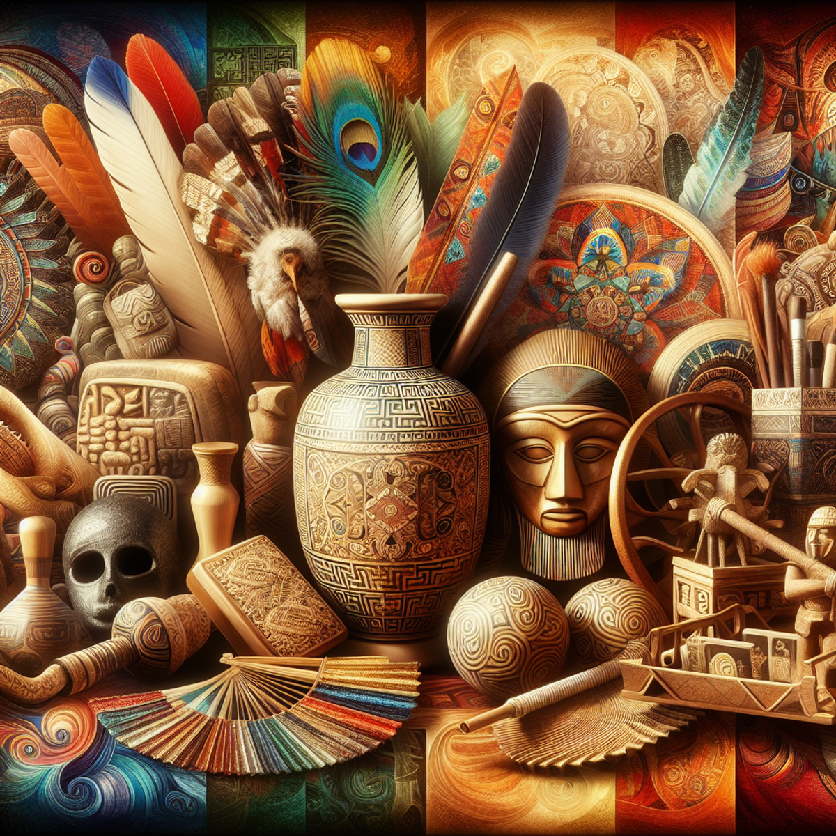 A vibrant collage of global cultural artifacts including a Greek amphora, Aztec mask, Middle Eastern tapestry, African wooden sculptures, South Asian mandala, and East Asian handheld fan.
