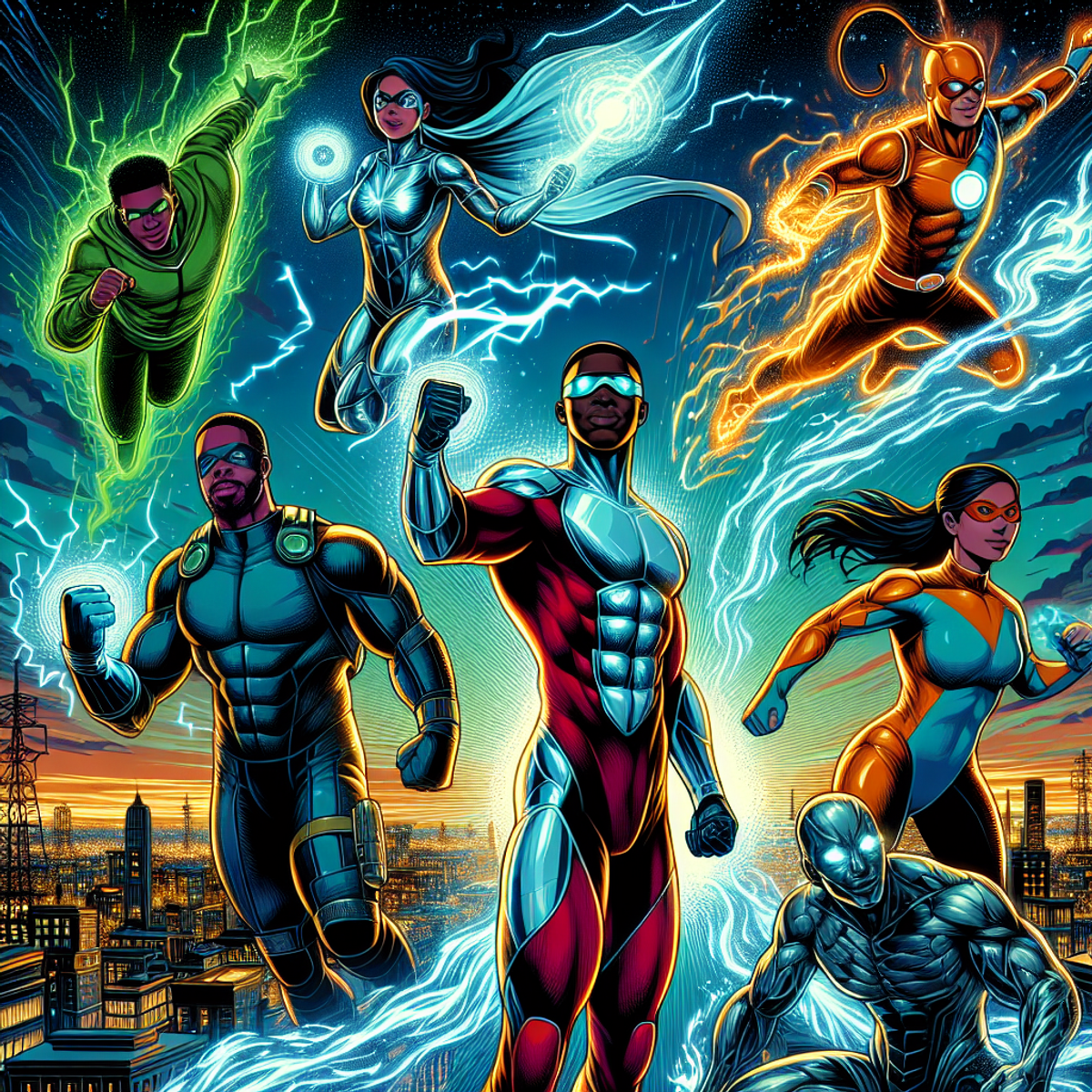 A group of diverse superheroes in a bustling metropolis under a twilight sky. A muscular Black man levitates mid-air with electricity crackling around his fists, a petite Hispanic woman controls water, a stealthy Middle-Eastern male hidden in the shadows with glowing blue eyes, and a South Asian woman flies with a jetpack leaving a trail of stardust behind her.
