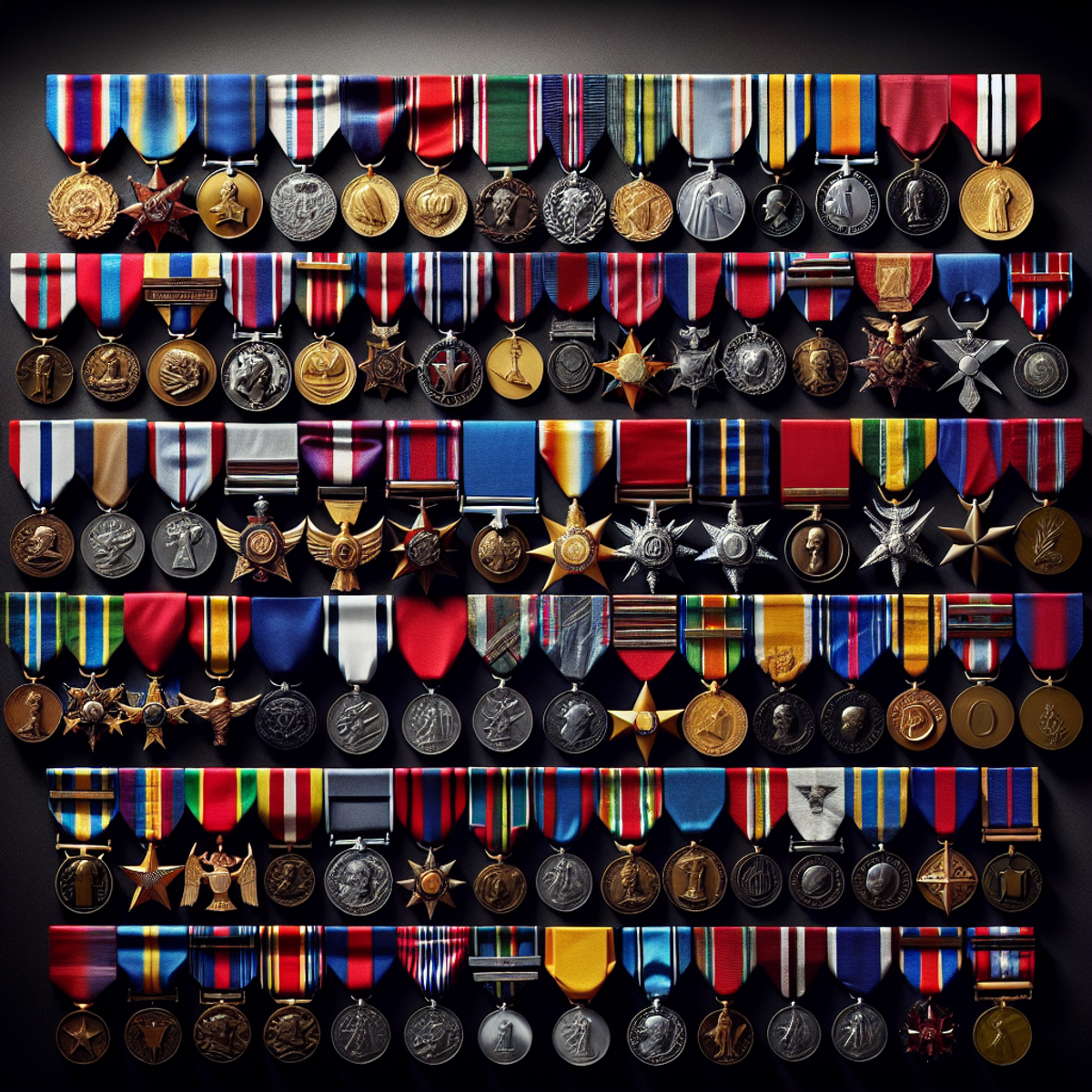 A collection of military service medals arranged in a striking display.