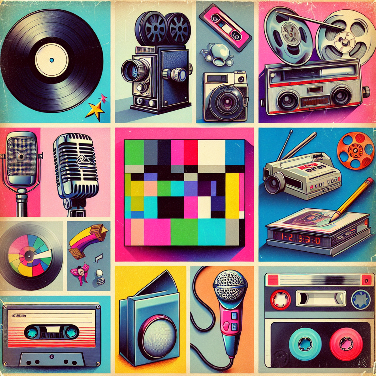 A vibrant collage with vintage vinyl records, antique movie camera, cassette tapes, rotary dial telephone, 8-bit video game joystick, non-identifiable comic strip, and a classic microphone in bright colors with a hint of pastel shades.