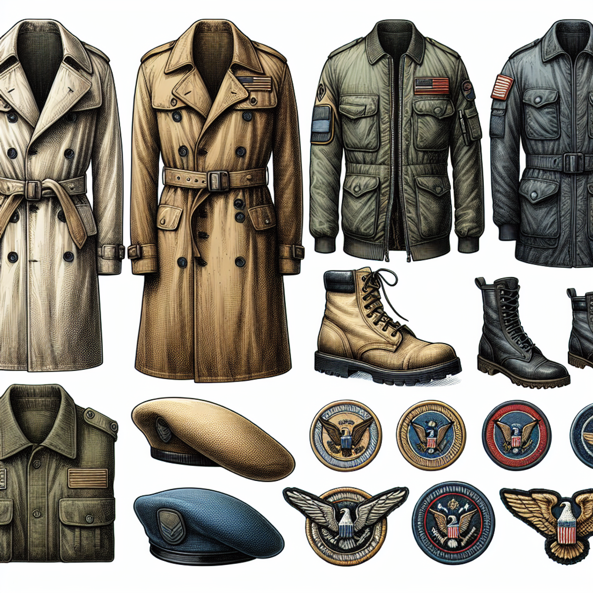 A collage of military fashion essentials including trench coats, flight jackets, combat boots, berets, and insignia patches.