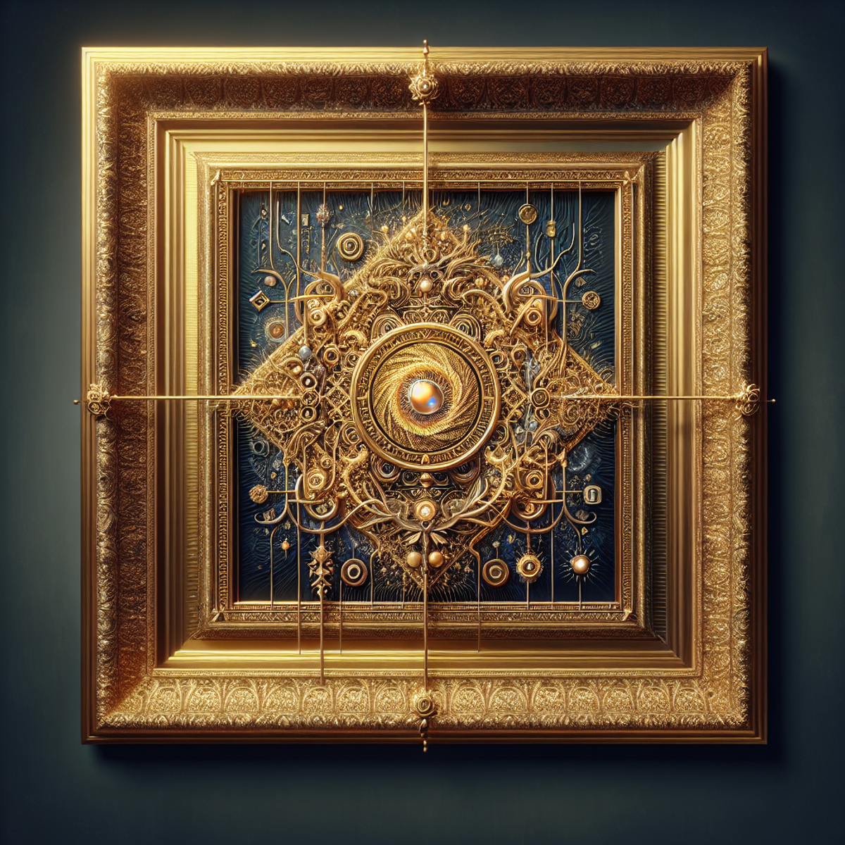 A golden picture frame with an intricate painting depicting the essence of art.