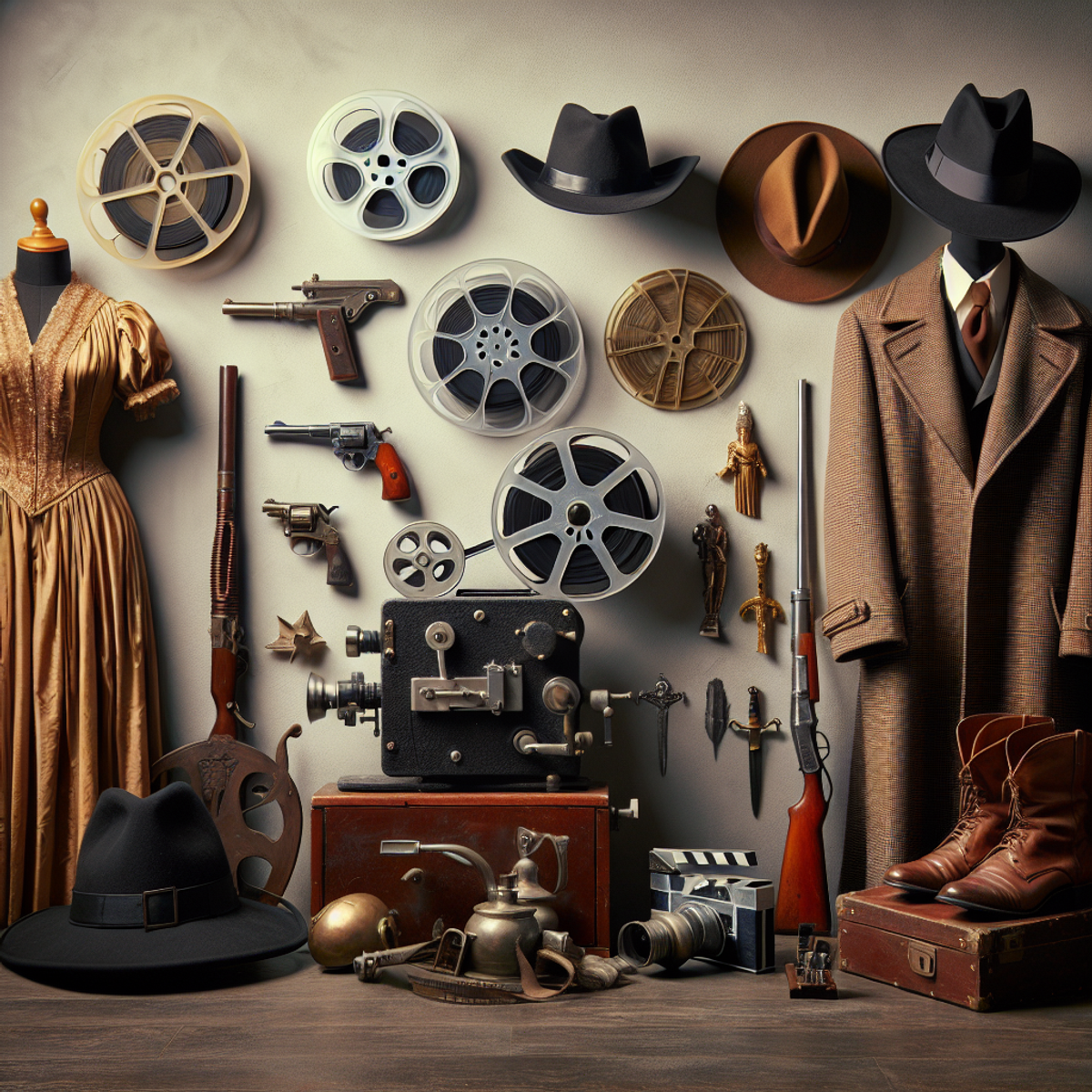 A display of iconic movie props and costumes including a vintage film projector, film reels, a romantic period dress, a cowboy hat, a detective's trench coat, an antique pistol, a knight's sword, and a wizard's hat.