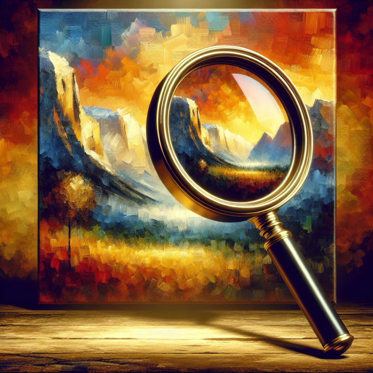 A large magnifying glass hovering over a vibrant oil painting, revealing intricate brush strokes and rich colors.