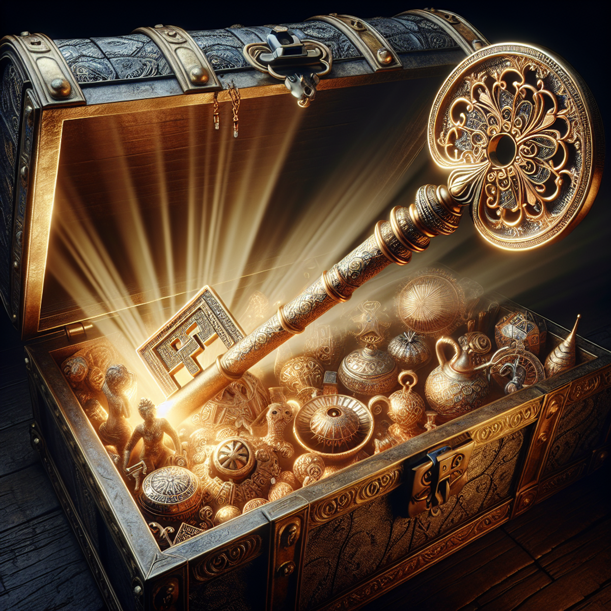 A large golden key unlocking an old, wooden treasure chest filled with valuable art pieces.