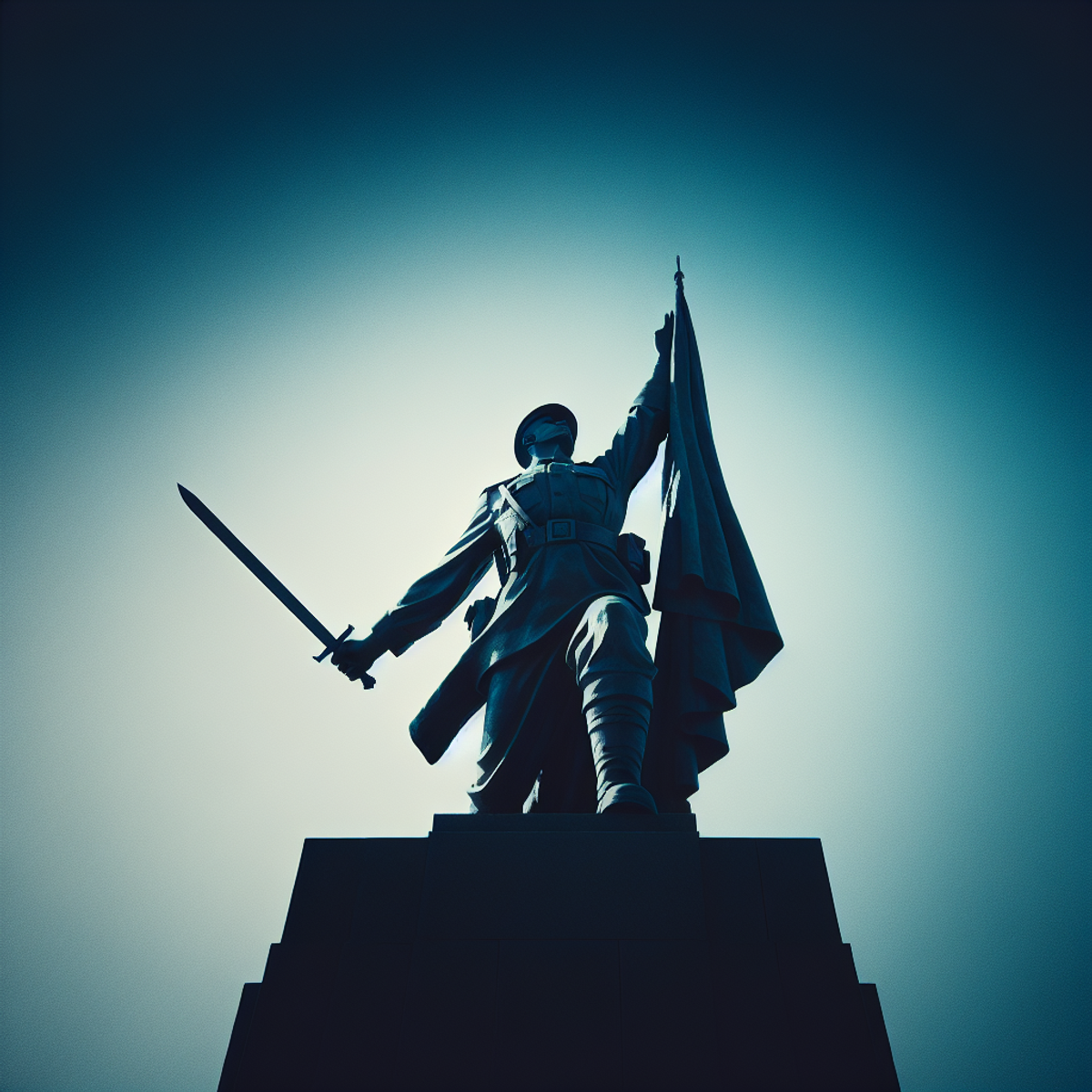 Sculpture of soldier holding flag and sword.