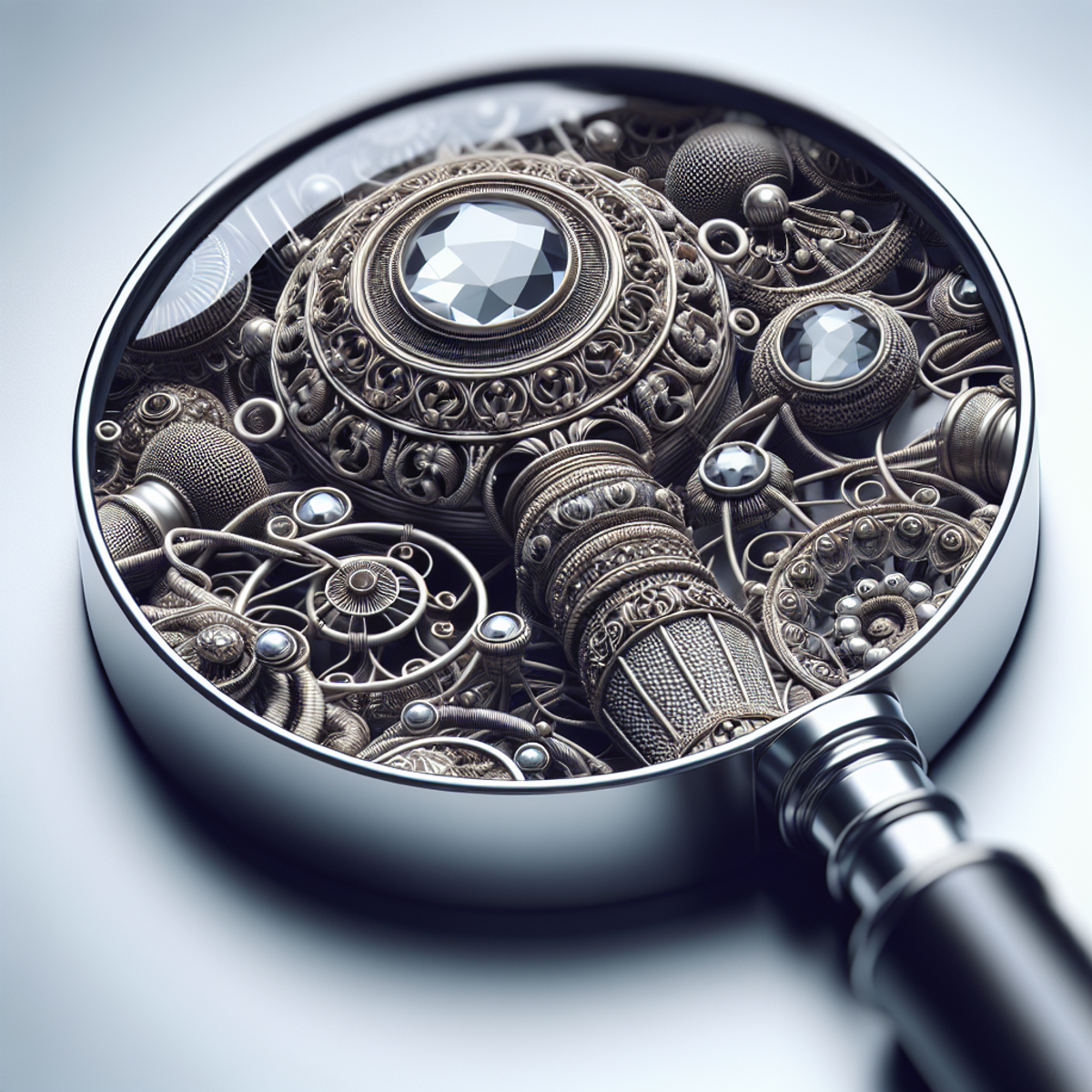 A close-up of a magnifying glass focusing on an intricate antique item.