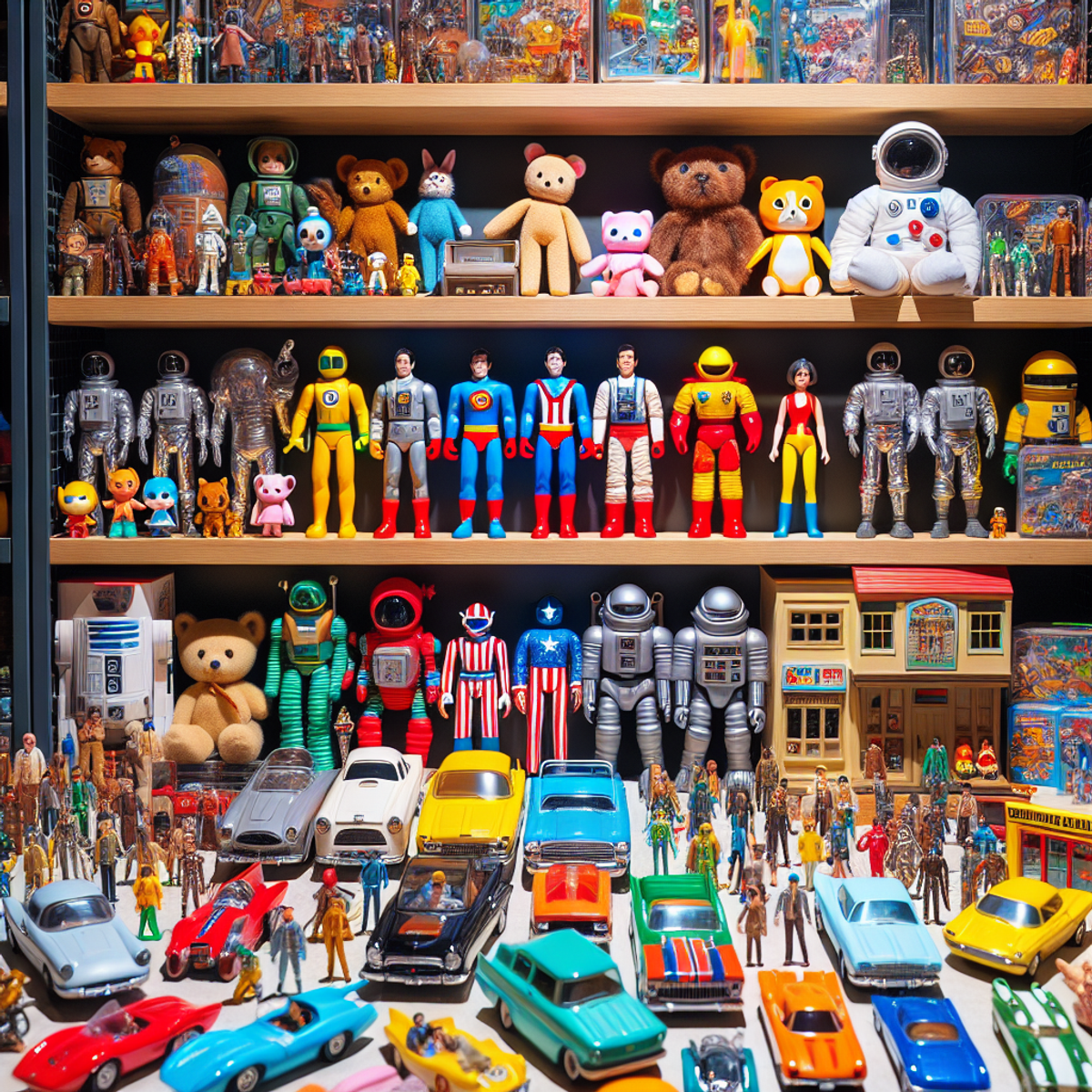Assorted action figures, plushies, race cars, dollhouses, and astronaut models on a shelf.