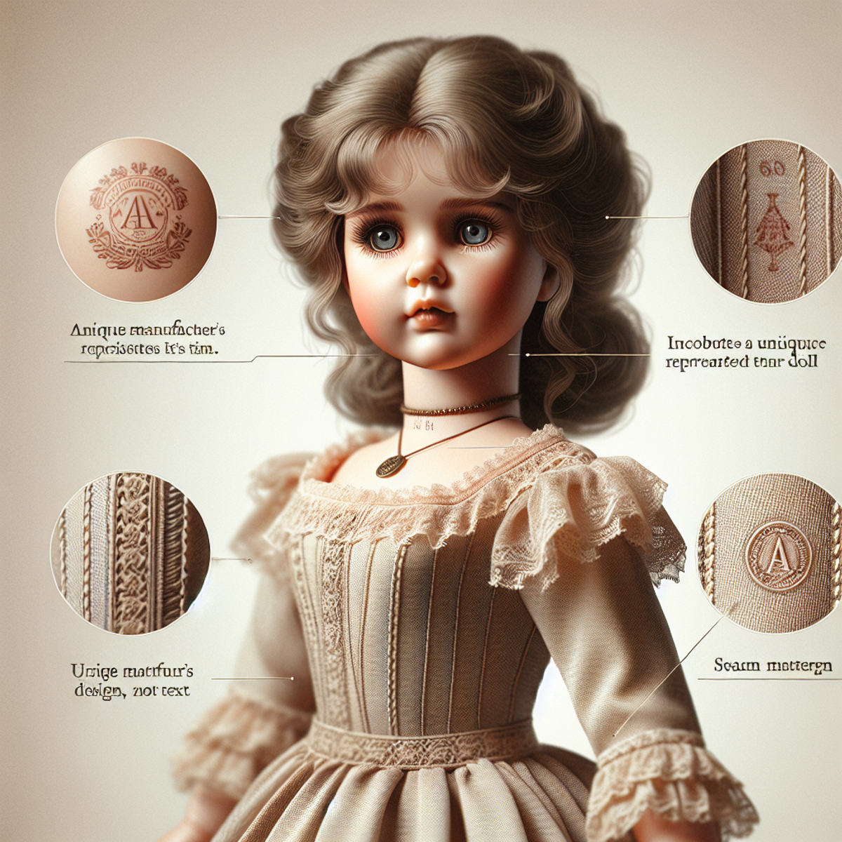 An antique doll with intricate details, dressed in era-appropriate attire, and featuring a unique manufacturer's design mark.