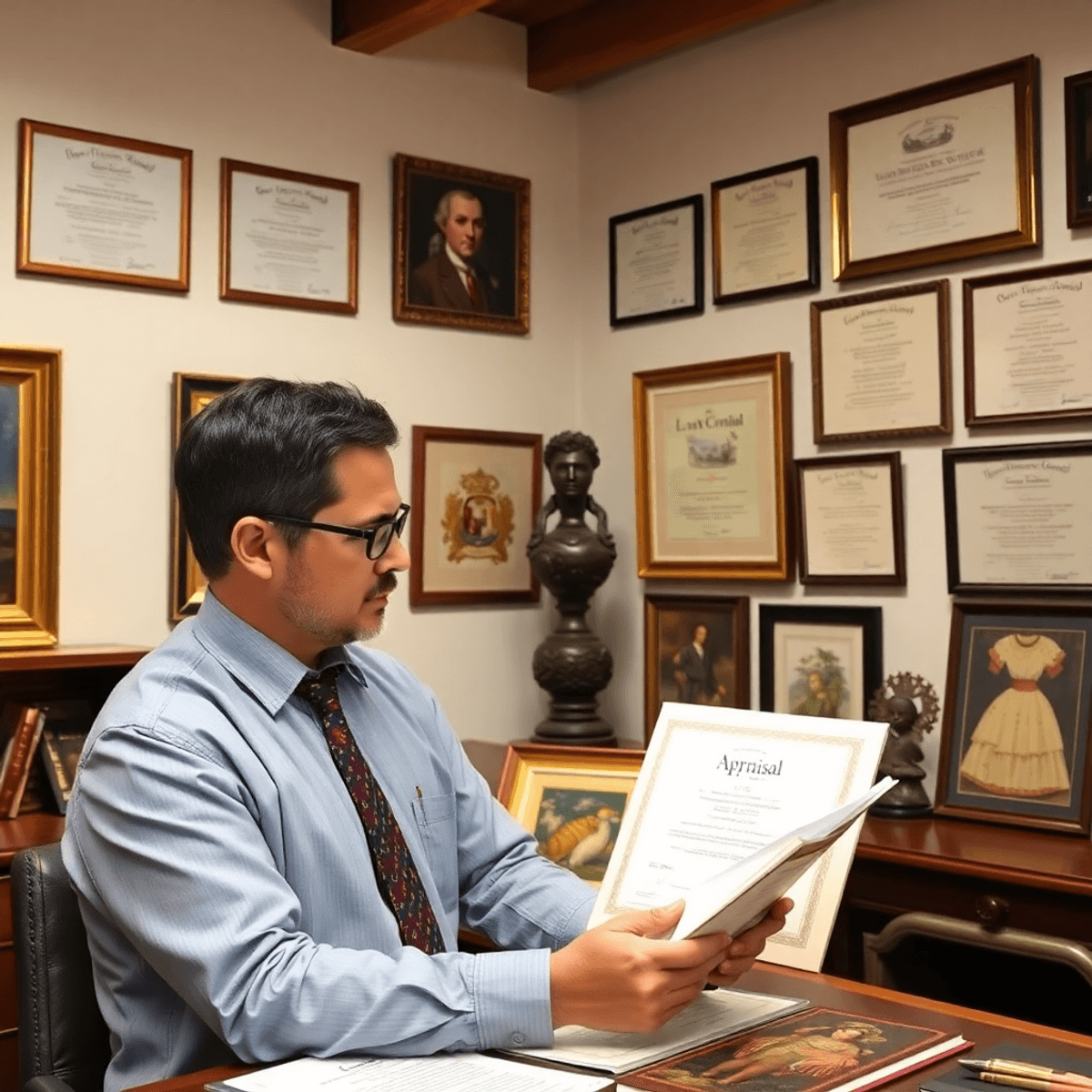 Appraiser inspecting fine art and antiques in a bright office with certificates on the wall, symbolizing expert valuation and IRS compliance.