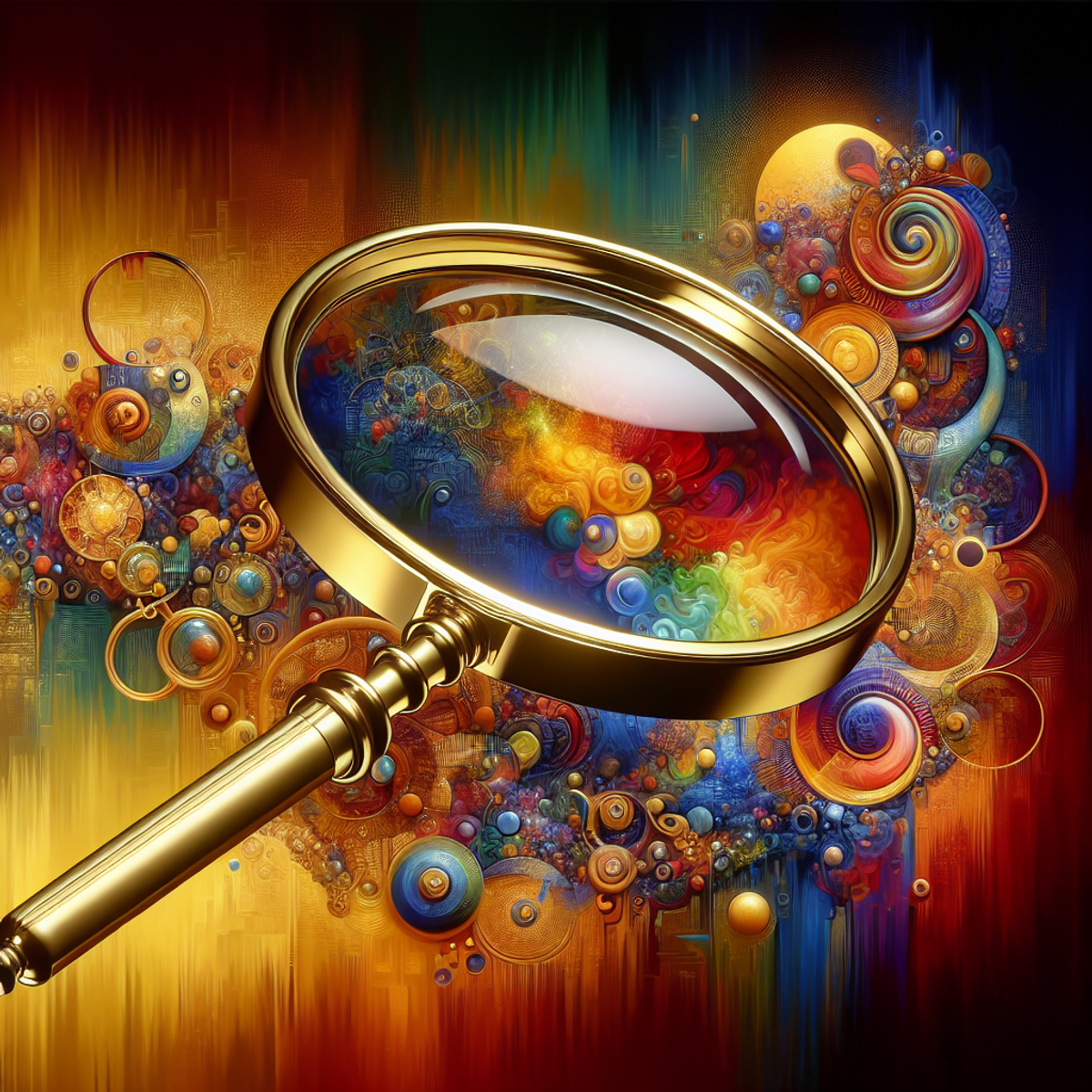 A golden magnifying glass hovering over a vibrant and colorful abstract artwork.