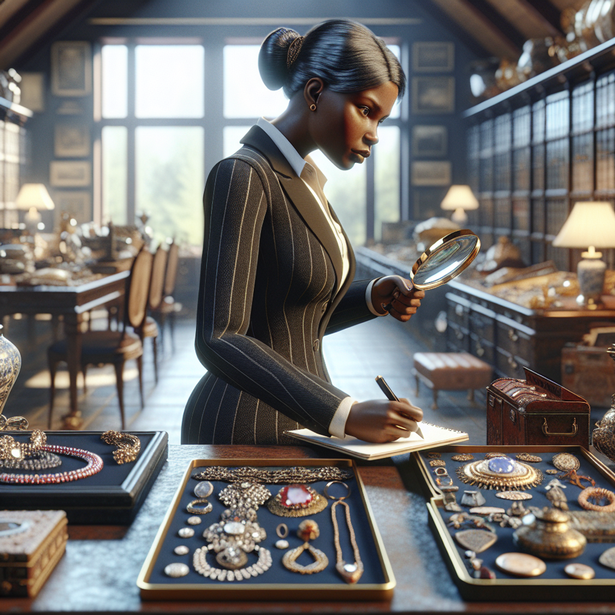 A Black female appraiser attentively examining various valuable items.
