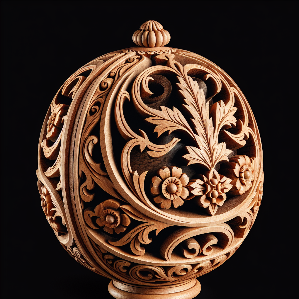 A vintage wooden decorative object with intricate carvings.