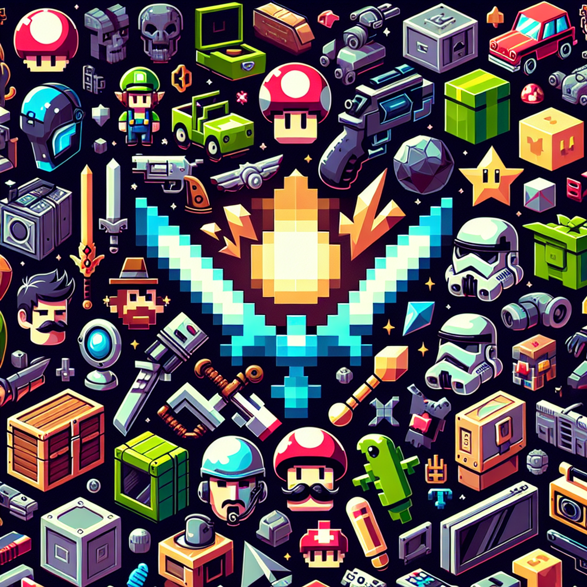 An image filled with a wide array of vivid and lively depictions of generic, visually distinct video game items and representations. The symbols vary from items like a pixelated sword, a 3D model of a treasure chest, to an 8-bit power-up mushroom. Also, the image includes generic game characters such as a plucky adventurer with a green cap, a sci-fi soldier in futuristic armor, and a classic blocky character with a mustache, each adding their unique touch to this representation of gaming culture. The array of characters and items should demonstrate the thrill and multifaceted nature of video game culture.