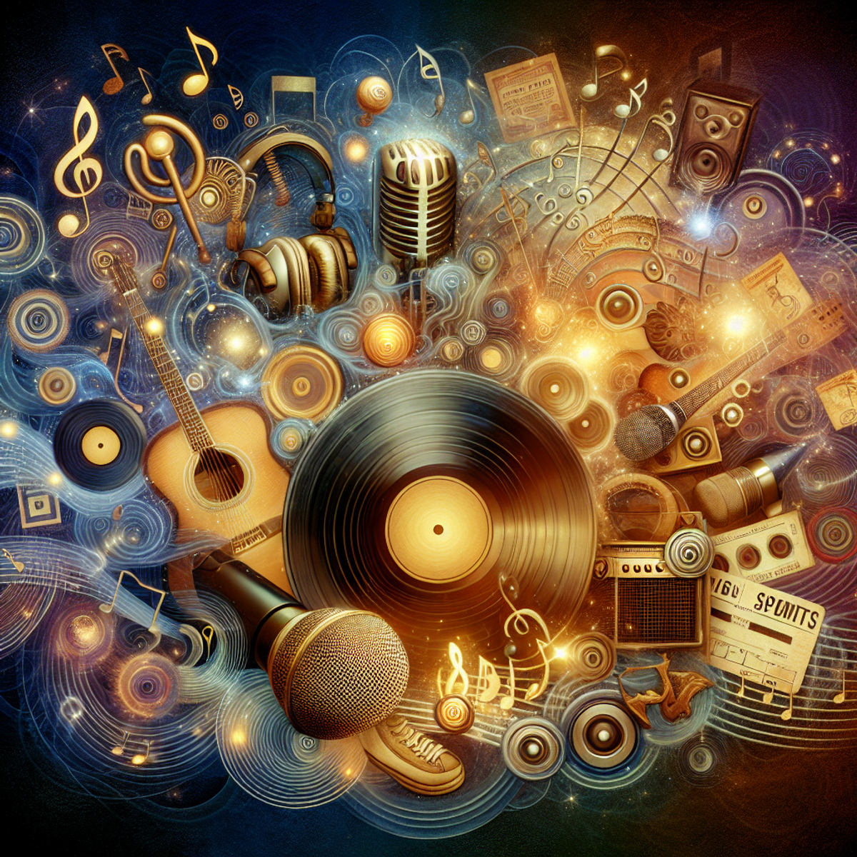 A montage of music memorabilia symbols including golden records, acoustic guitars, microphones, treble clefs, headphones, concert tickets stubs, and vinyl records arranged in a dynamic composition against an abstract colorful backdrop.