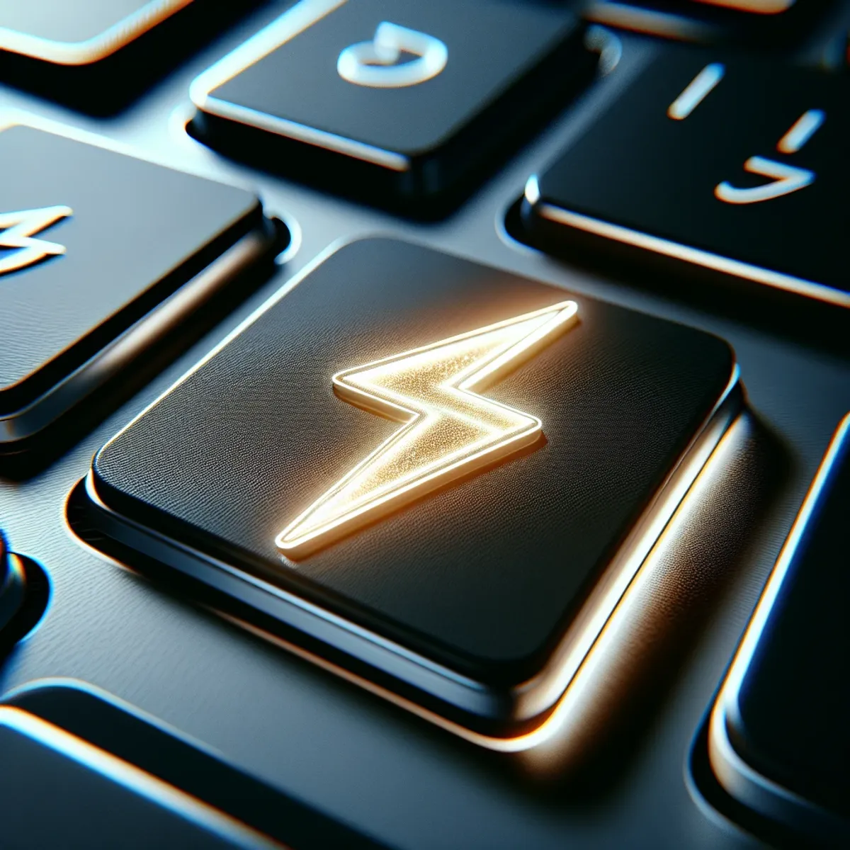 A modern black laptop keyboard with a glowing metallic lightning bolt symbol representing speed and efficiency.