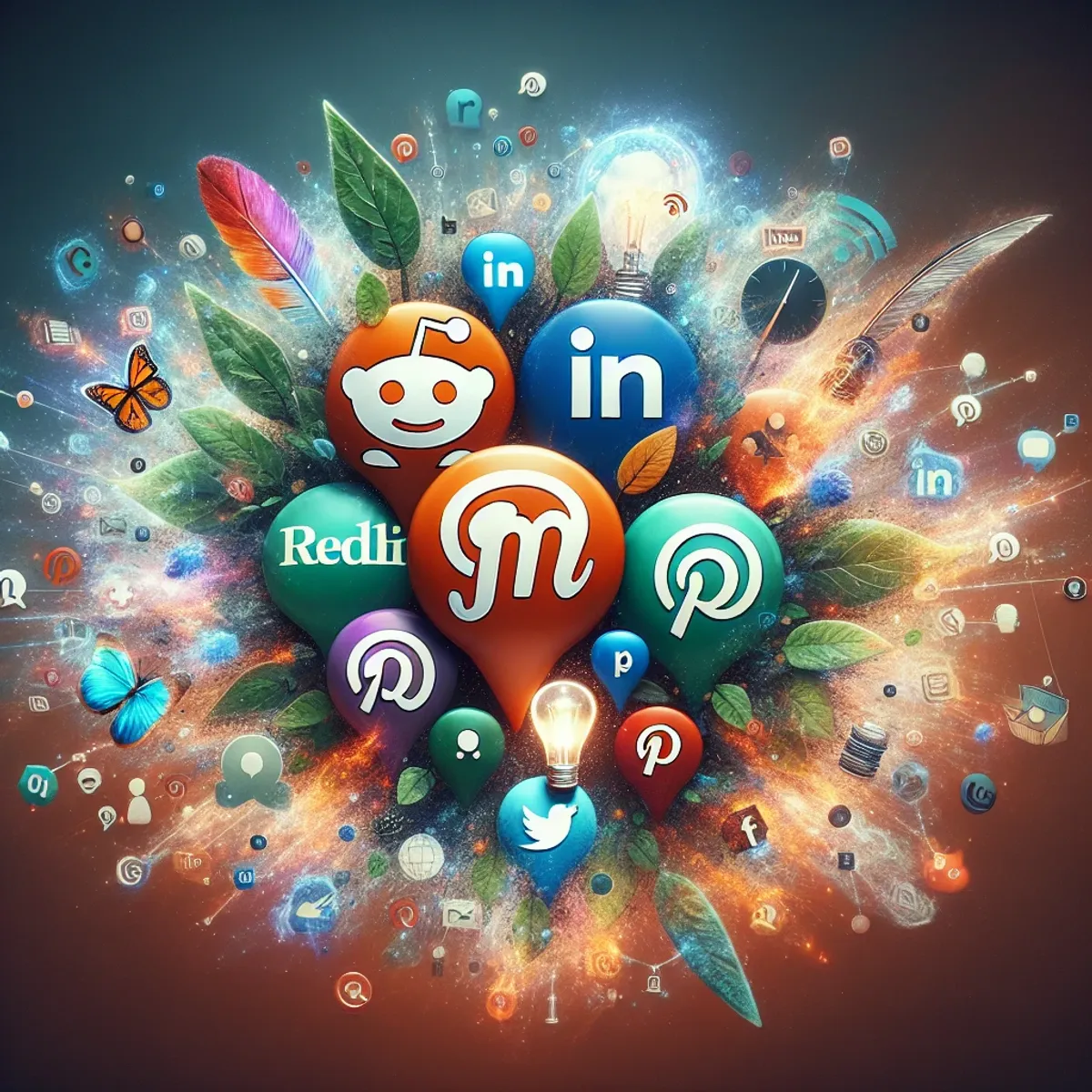 An image showcasing the icons of popular digital platforms such as Medium, Reddit, LinkedIn, Quora, and Pinterest, surrounded by an aura of thriving creativity, symbolizing the publishing of high-quality content on these platforms. The icons are vividly colored and stand out against a contrasted background, each represents a platform of communication and knowledge sharing. Visual metaphors for high-quality content like a feather quill, a shining lightbulb, or a stack of well-bound books should be subtly included in the image."