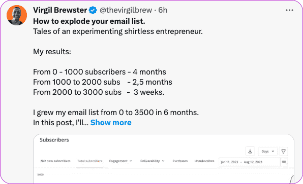 A Twitter user shares an intriguing personal experience on how he grew his email list as a solo entrepreneur, providing a how-to guide.