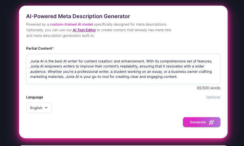 Enter project details and specific page information into a meta description generator.