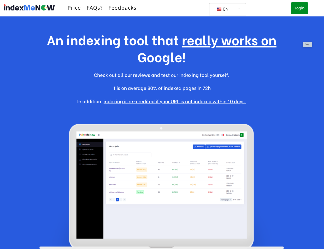 User interface of IndexMeNow