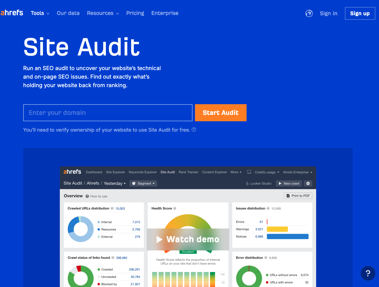 User Interface of Ahrefs Site Audit Tool