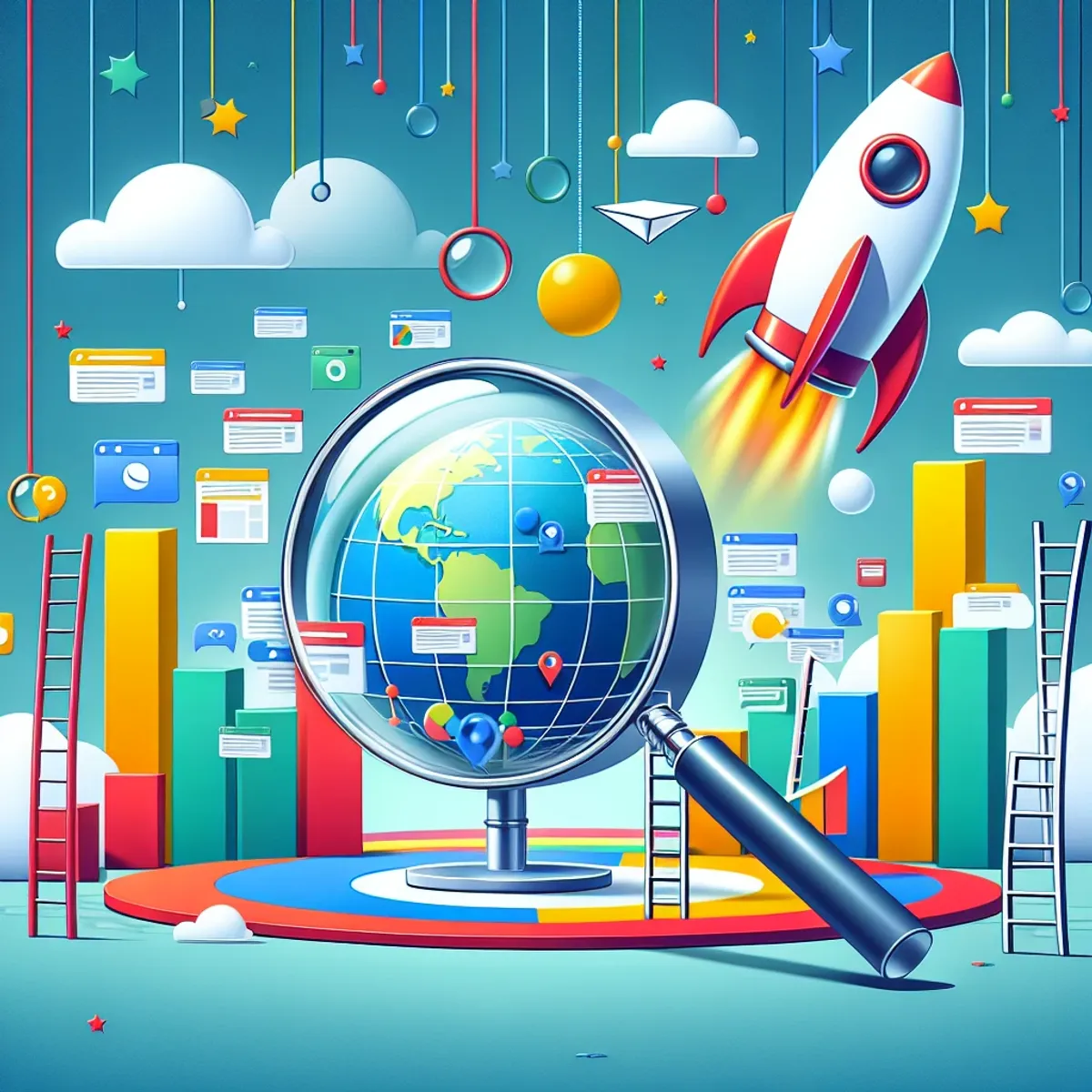SEO tools visual metaphors: A magnifying glass examines a globe with webpages, a rocket soars upwards, and a ladder symbolizes progress. Color scheme inspired by Google's colors.