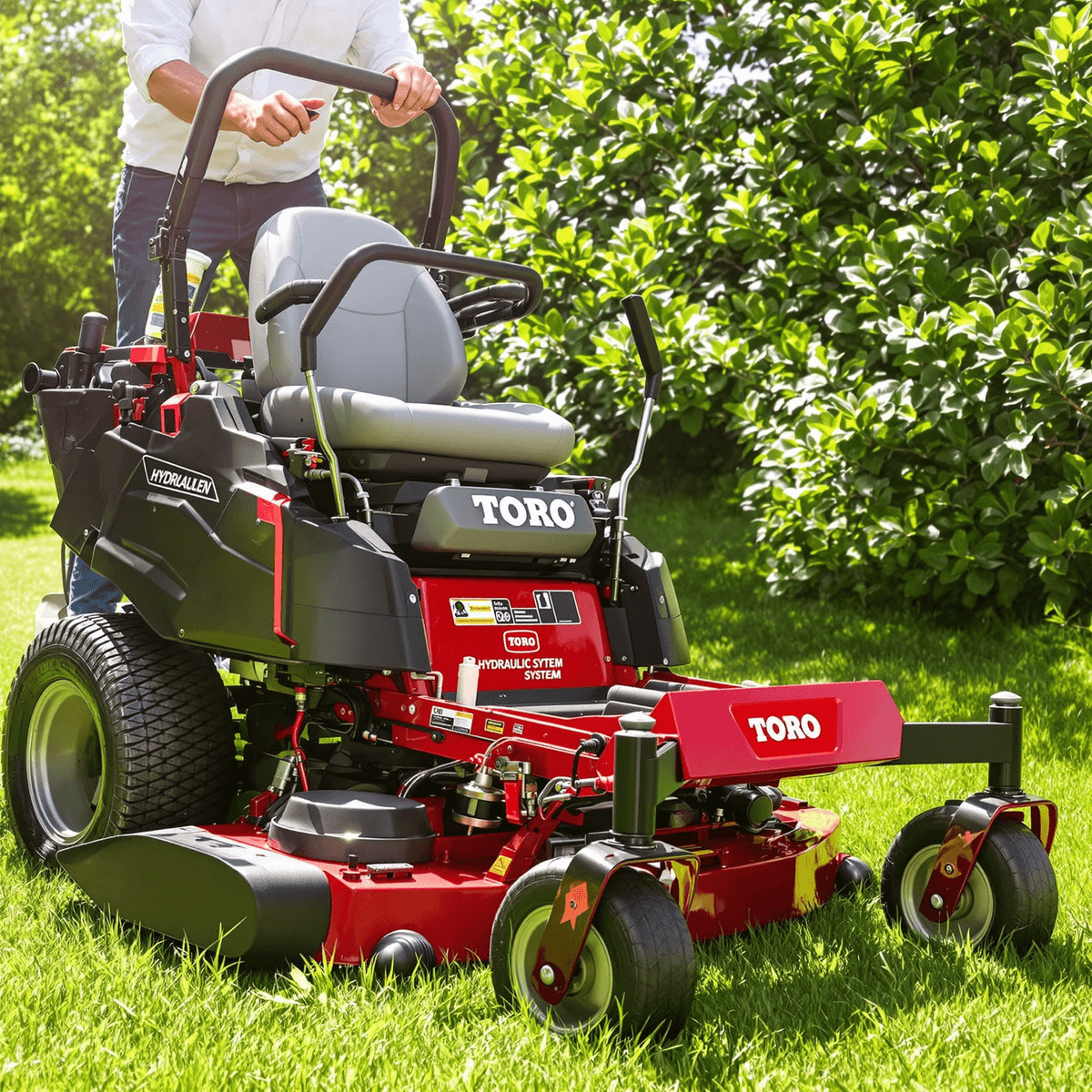 A close-up of a Toro stand-on mower in a lush green landscape, highlighting its sleek design and hydraulic components, illuminated by bright sunlight.