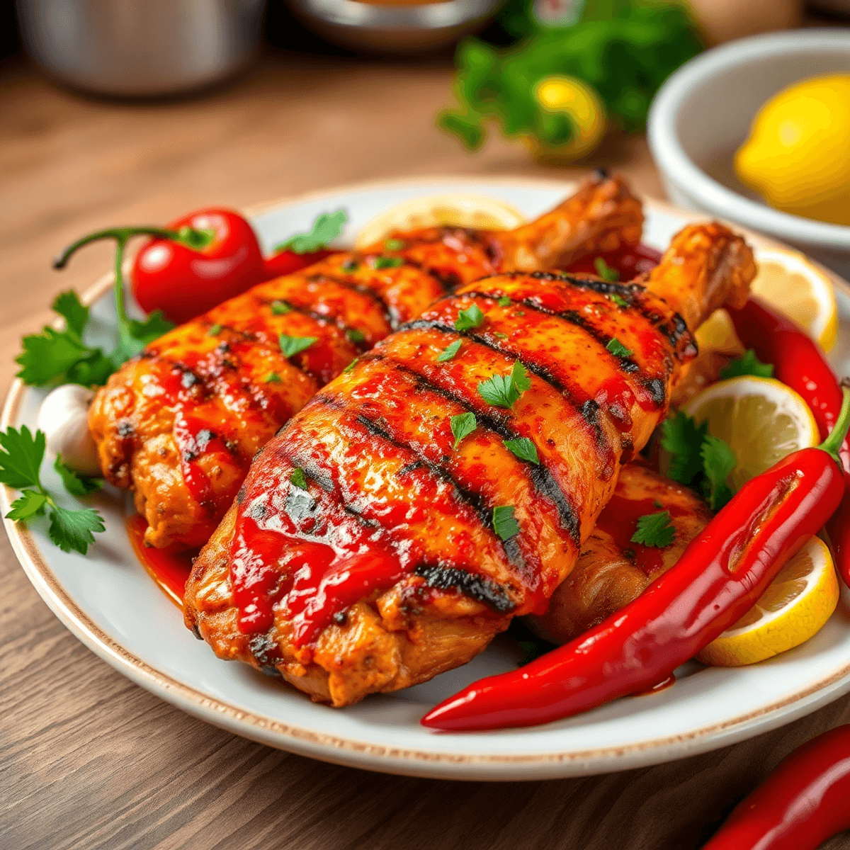 A beautifully presented plate of grilled chicken with spicy Peri Peri sauce, garnished with fresh herbs, surrounded by Piri Piri peppers, garlic, and lemon slices in a cozy kitchen setting.