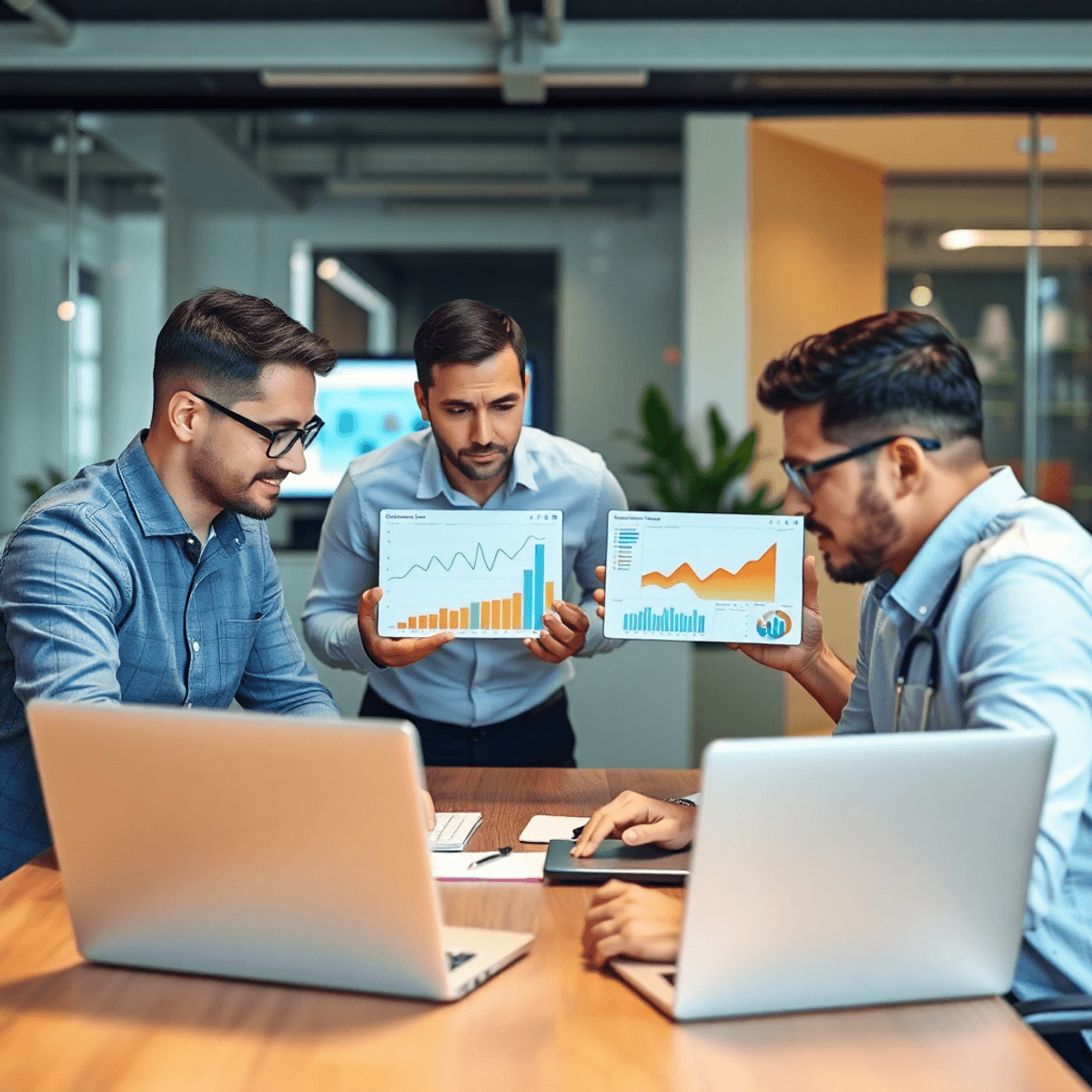 A group of business professionals gathered around a table, discussing charts and software on laptops in a modern office environment, emphasizing collaboration and technology. Custom Software vs. Off-the-Shelf