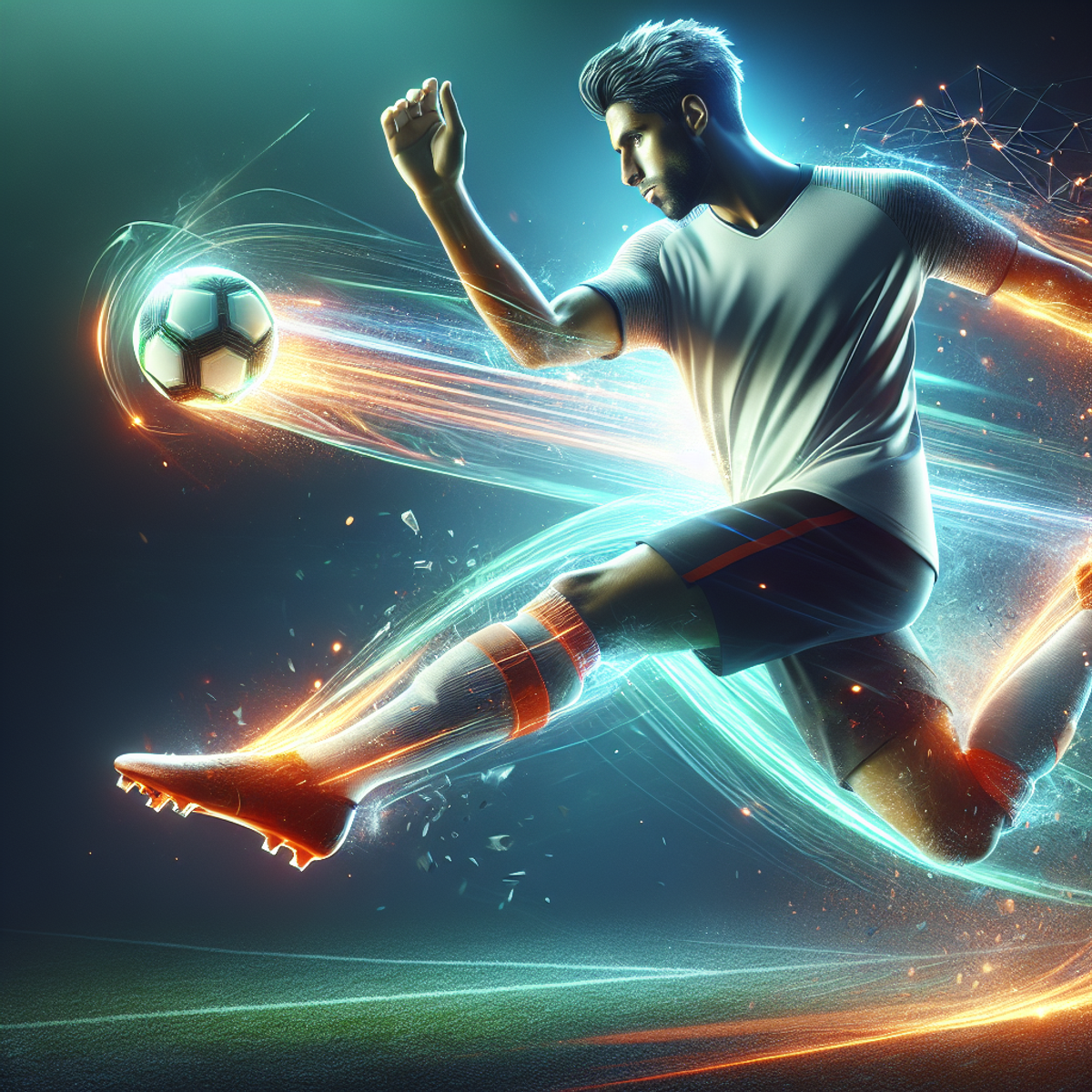 A soccer player in action with a powerful kick towards a high-contrast football.