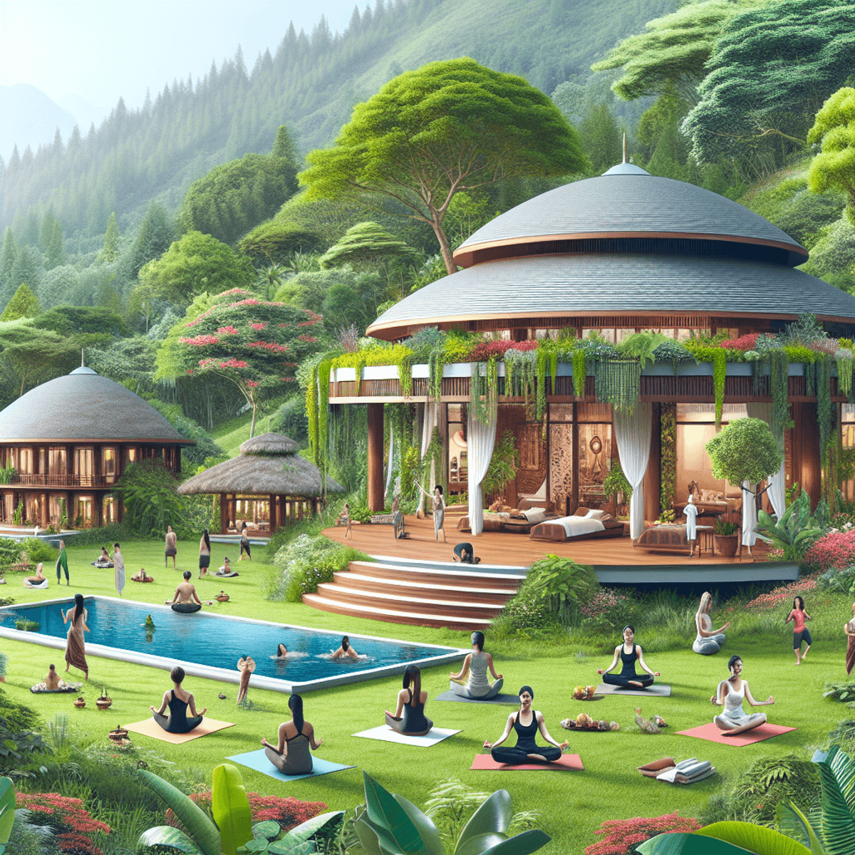 India's No1 5 A serene wellness center featuring traditional Ayurvedic architecture harmoniously integrated with modern medical facilities, surrounded by lush greenery. In the outdoor setting, a diverse group of individuals, including Asian and Caucasian people, engage in wellness activities such as yoga and meditation. The scene showcases realistic physical characteristics of the participants, emphasizing a peaceful and inclusive atmosphere amidst the abundant flora.