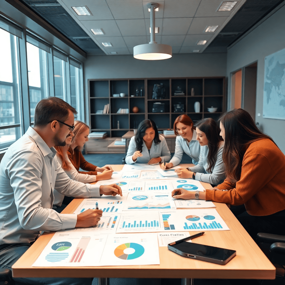 A group of people engaged in a discussion around a table with charts and graphs, emphasizing collaboration in a professional setting focused on data analysis.