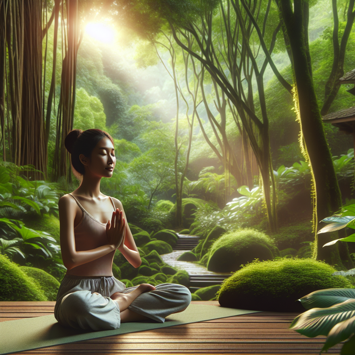 A woman meditating in a peaceful, lush green forest.