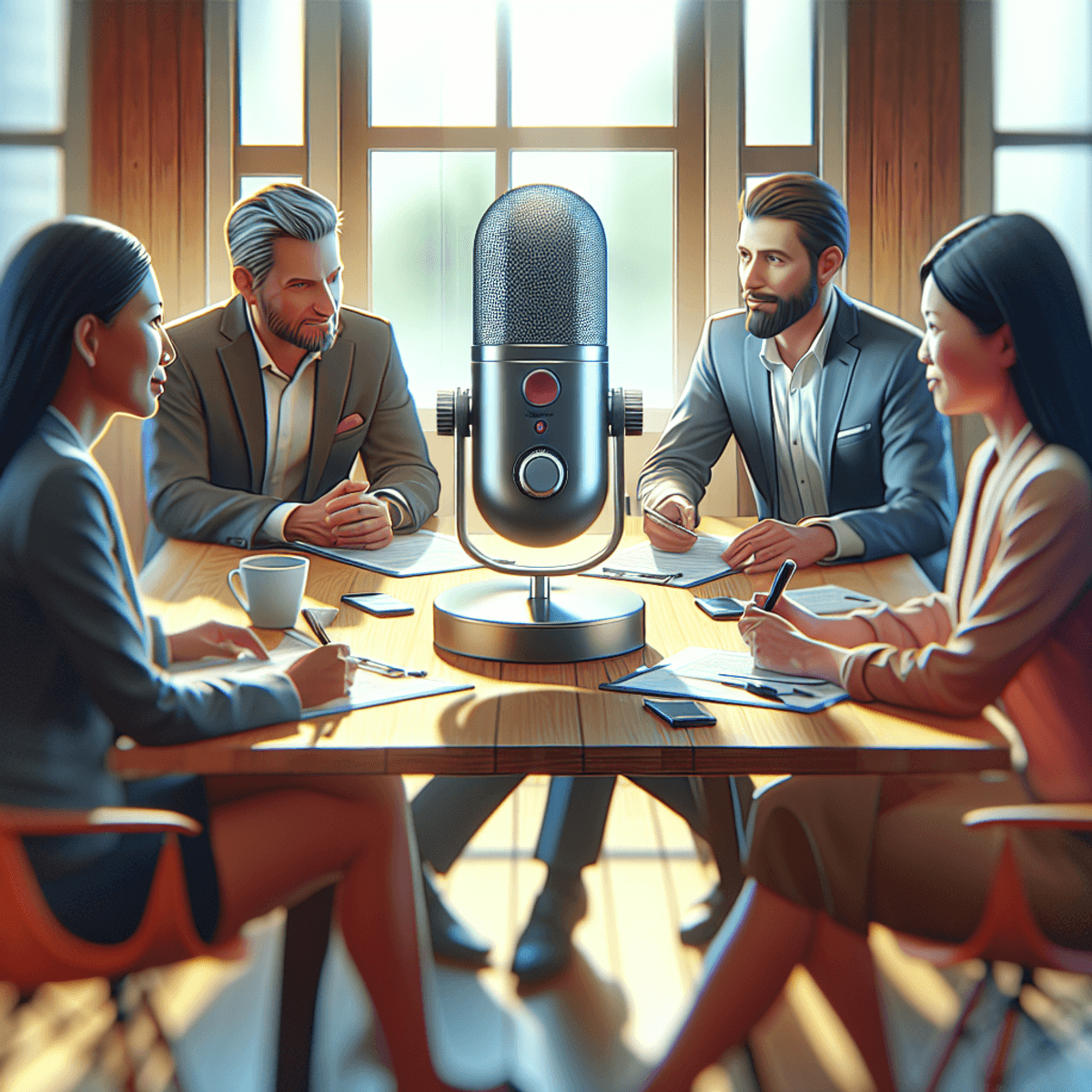 A brightly lit office scene featuring a Caucasian woman, a Hispanic man, and an Asian woman engaged in a lively discussion around a table. At the center of the table is a modern voice recording device in use, capturing their conversation. The individuals display expressions of focus and collaboration, highlighting their productive interaction in a realistic working environment.