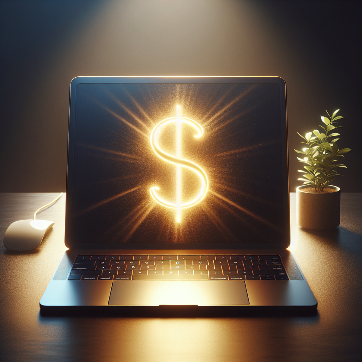 Open laptop on desk with glowing gold dollar sign on screen, surrounded by minimalistic items.