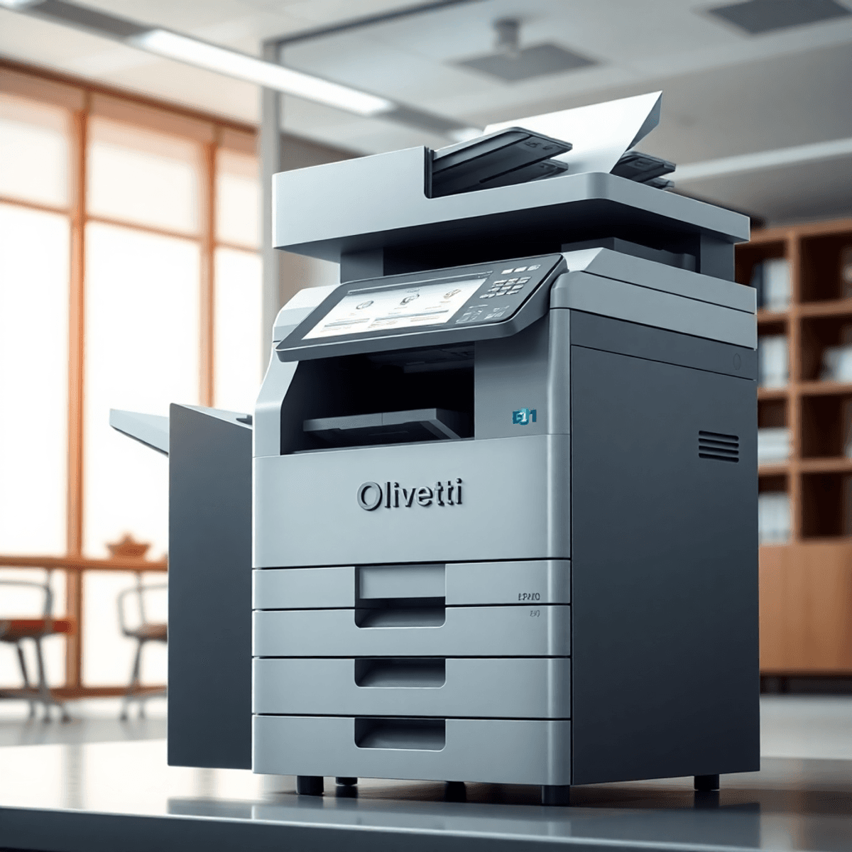 A modern Olivetti copier and printer in a bright office, displaying its multifunctionality with documents being printed, scanned, and copied.