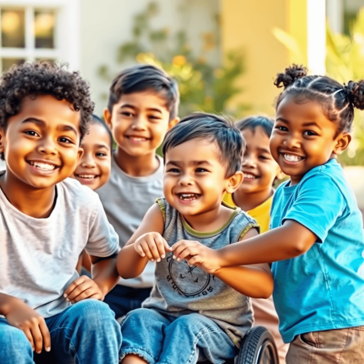 Physically and Mentally Challenged Children 6 एक खुशहाल और रंगीन वातावरण में बच्चे खेलते हुए, जो एक-दूसरे का समर्थन करते हैं, सभी बच्चों के लिए समावेशिता और देखभाल का प्रतीक।