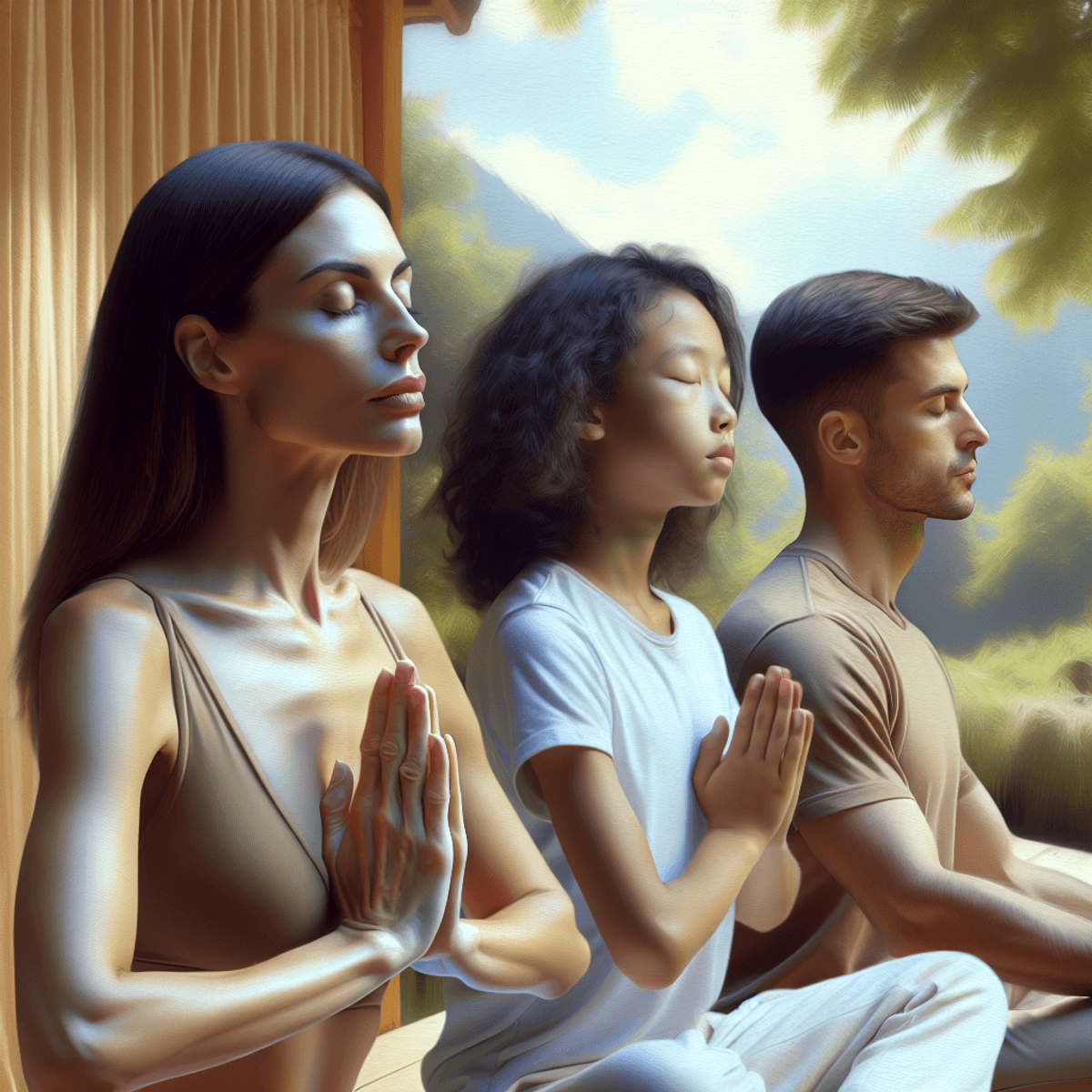 Asthma 11 A Caucasian woman, an Asian man, and a Hispanic child practicing deep breathing exercises outdoors, surrounded by lush greenery and soft sunlight. Their faces display serene calmness, with eyes closed and relaxed expressions, as they connect with nature in a tranquil setting.