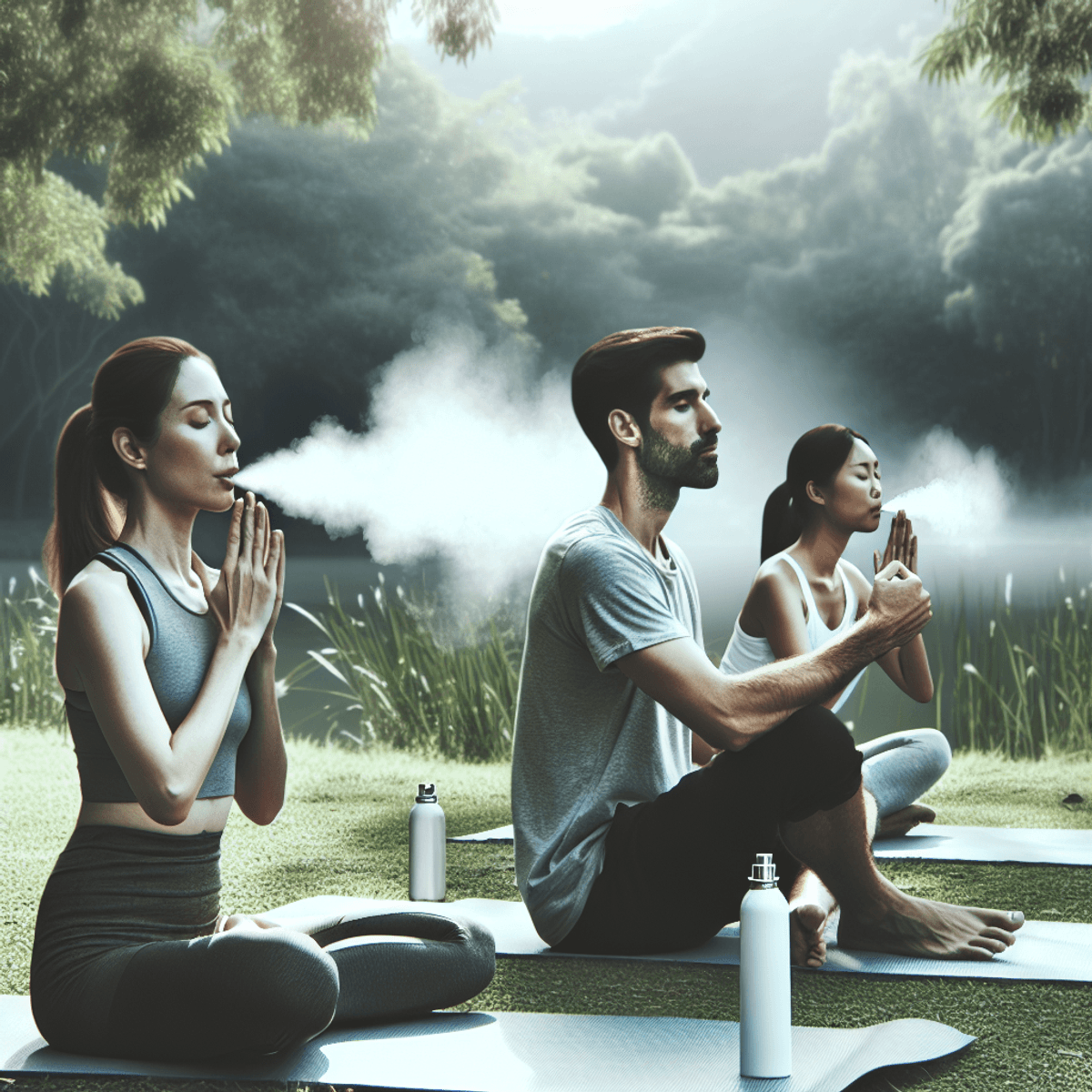 Asthma 10 A diverse group of people practicing yoga in a serene natural setting, featuring a Caucasian woman and an Asian man engaged in deep breathing exercises, embodying holistic wellness. The scene captures the tranquility of nature, showcasing the individuals' focus and harmony as they manage conditions like asthma through mindful practice.