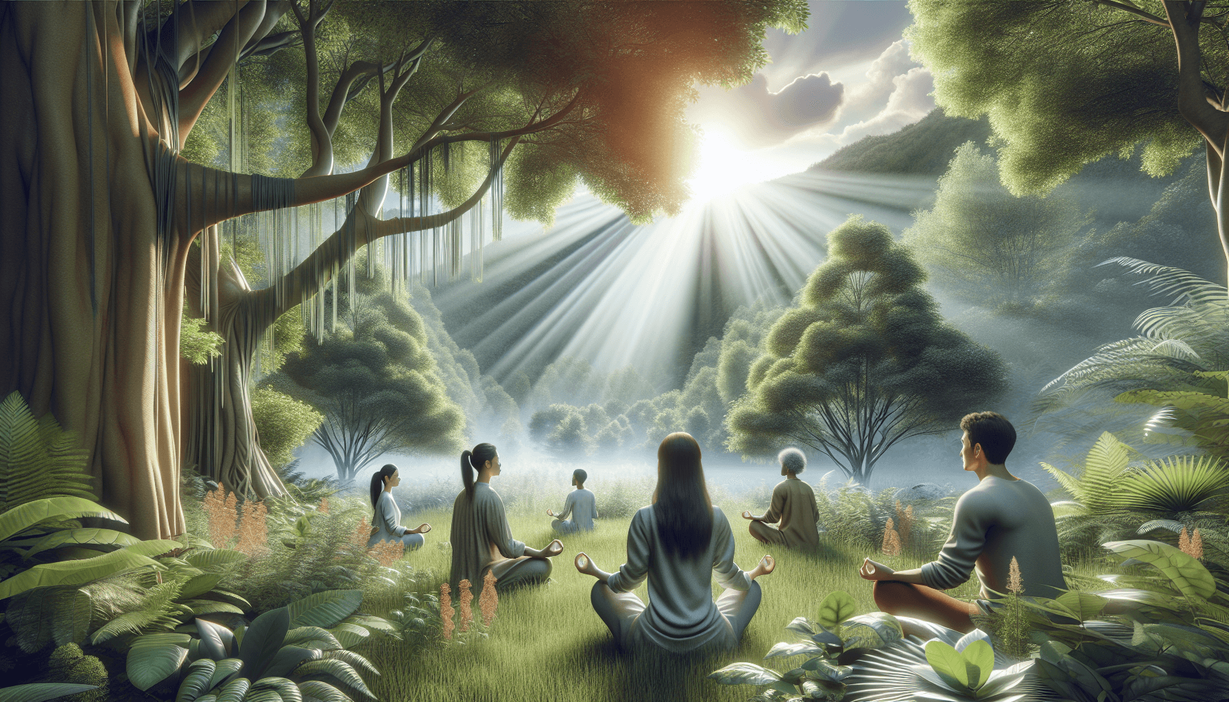 Asthma 9 A serene outdoor scene featuring a Caucasian female and an East Asian male practicing mindful breathing exercises amidst lush green vegetation, with gentle sunlight filtering through the leaves, creating a peaceful atmosphere that promotes wellness and holistic health.