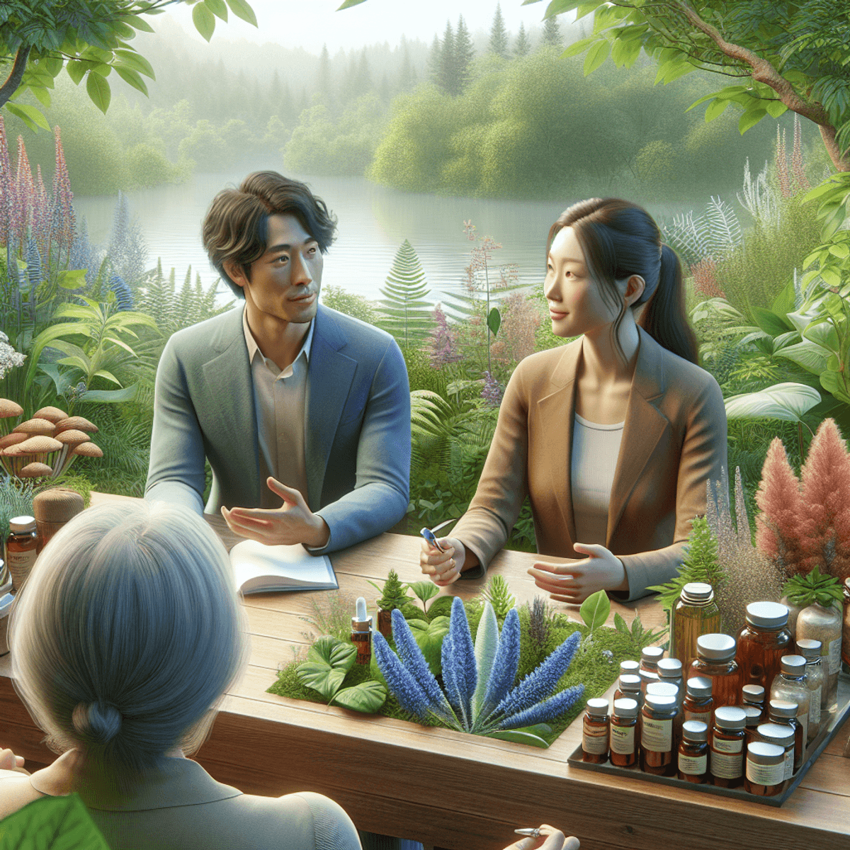 Asthma 12 A diverse group of individuals engaged in a lively discussion about asthma care amidst lush greenery, featuring a Caucasian woman and an Asian man. They are surrounded by vibrant flora, highlighting the fresh air of the environment. Nearby, a table displays various natural asthma remedies, including herbs and vials of essential oils, representing naturopathic treatments.