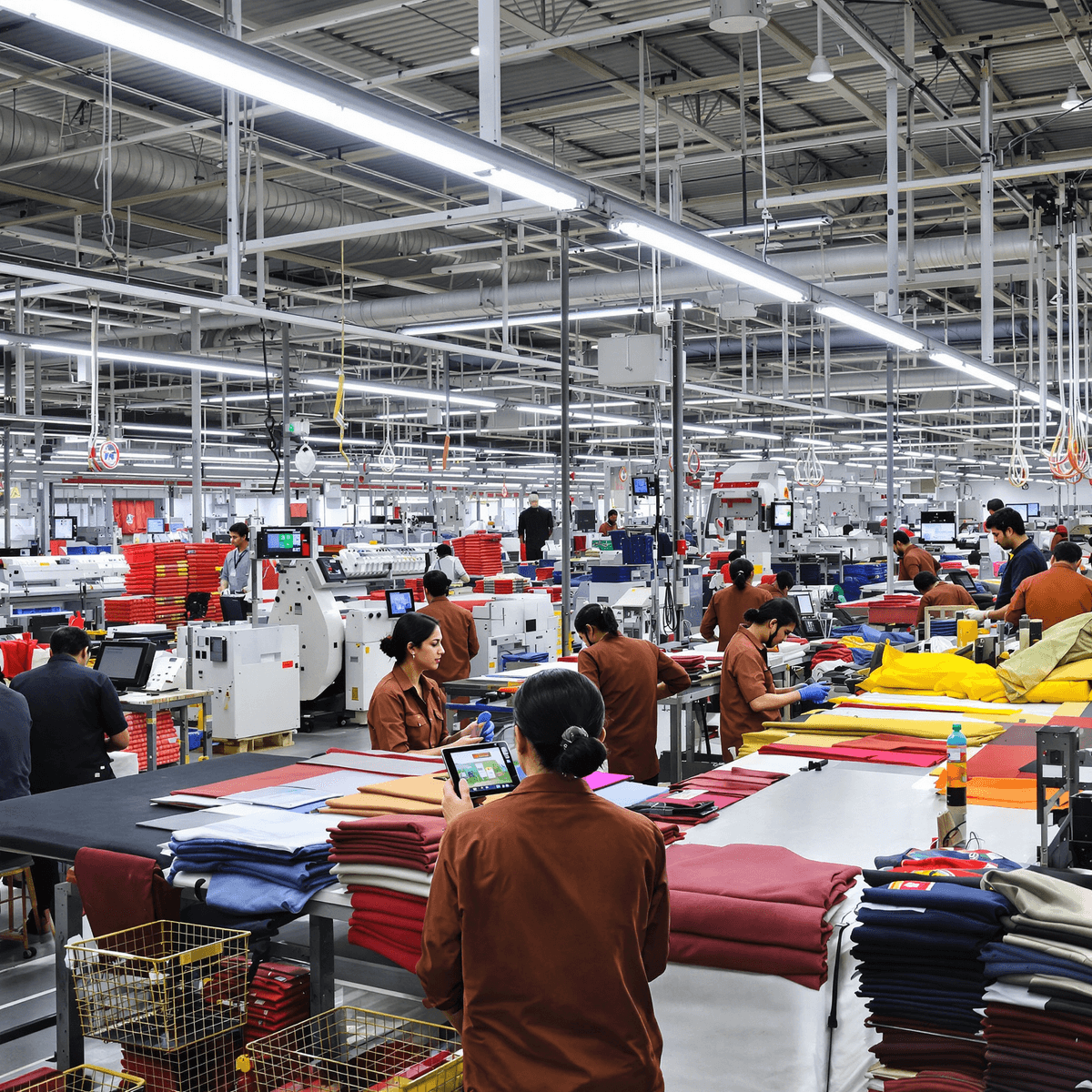 A modern textile factory with automated production lines, smart inventory screens, and a diverse team using digital devices.