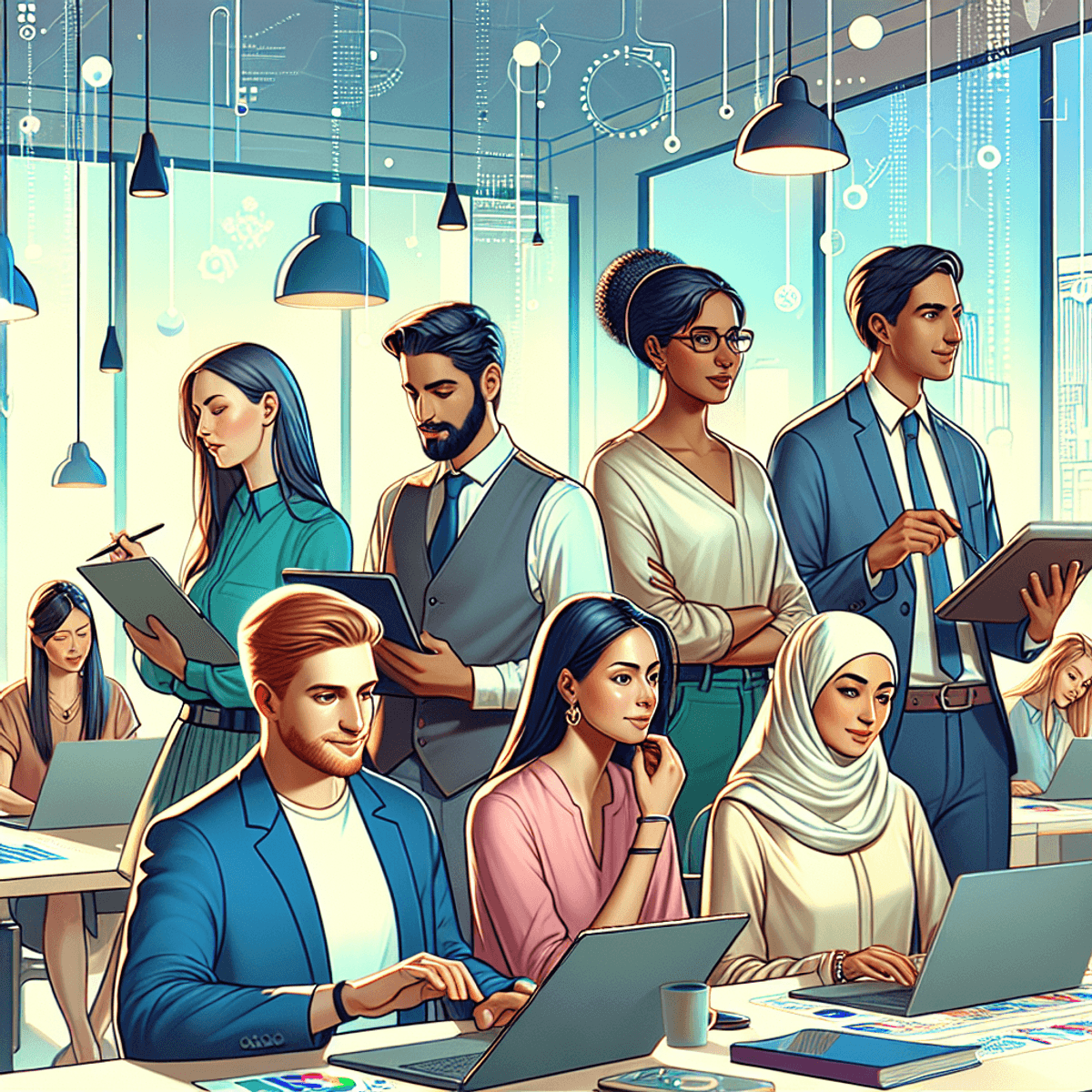 A vibrant digital art image depicting a diverse team of virtual assistants in a contemporary office setting. The scene includes a Caucasian woman, a Hispanic man, a Black woman, a Middle-Eastern man, and a South Asian woman, all focused on their tasks. They are surrounded by laptops, notepads, and digital communication tools, conveying a sense of productivity and teamwork. The atmosphere is lively and dynamic, highlighting the multi-functional role of virtual assistants in boosting business efficiency.