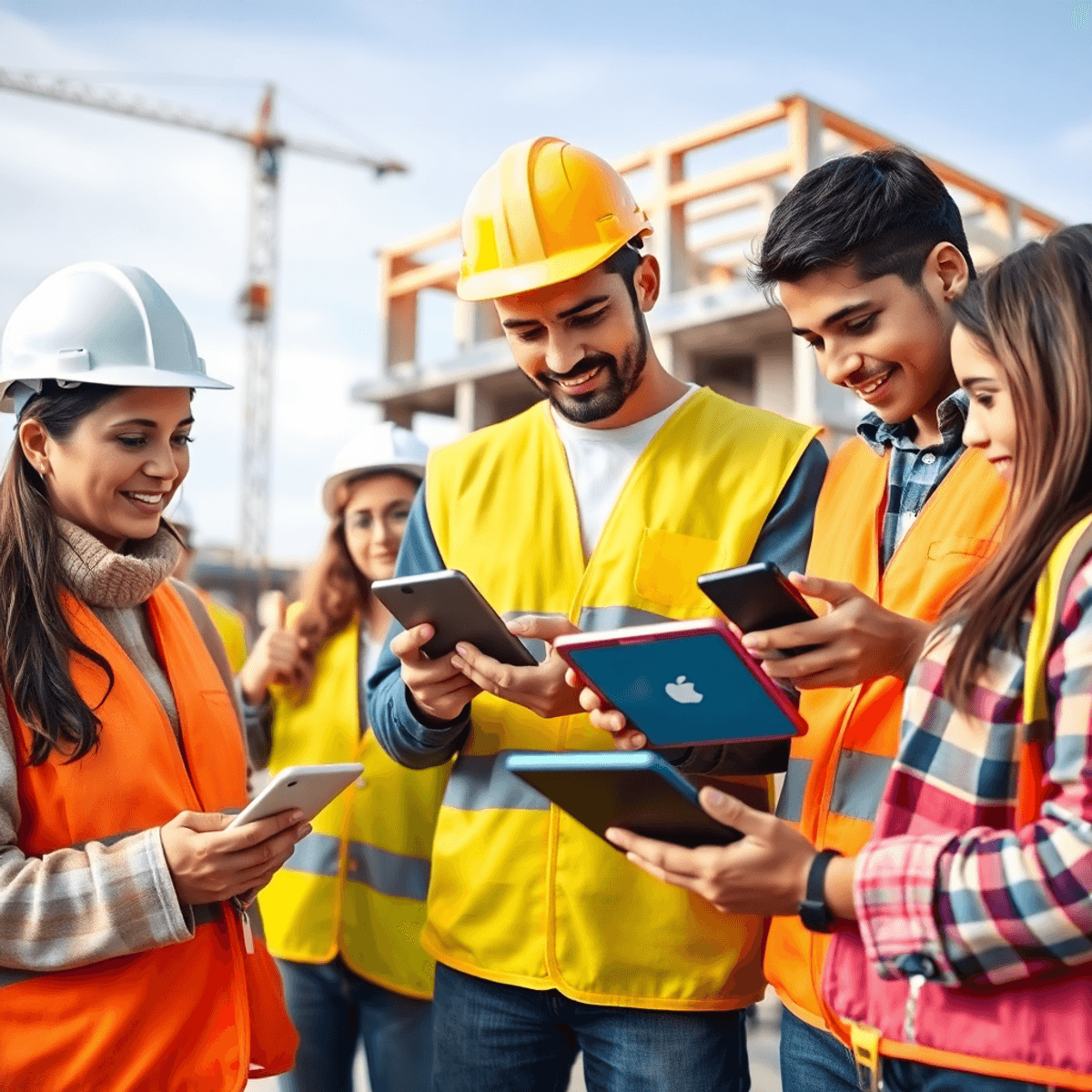 Um grupo de trabalhadores da construção civil colaborando em um local, utilizando smartphones e tablets, com um edifício parcialmente concluído e ferramentas ao fundo.