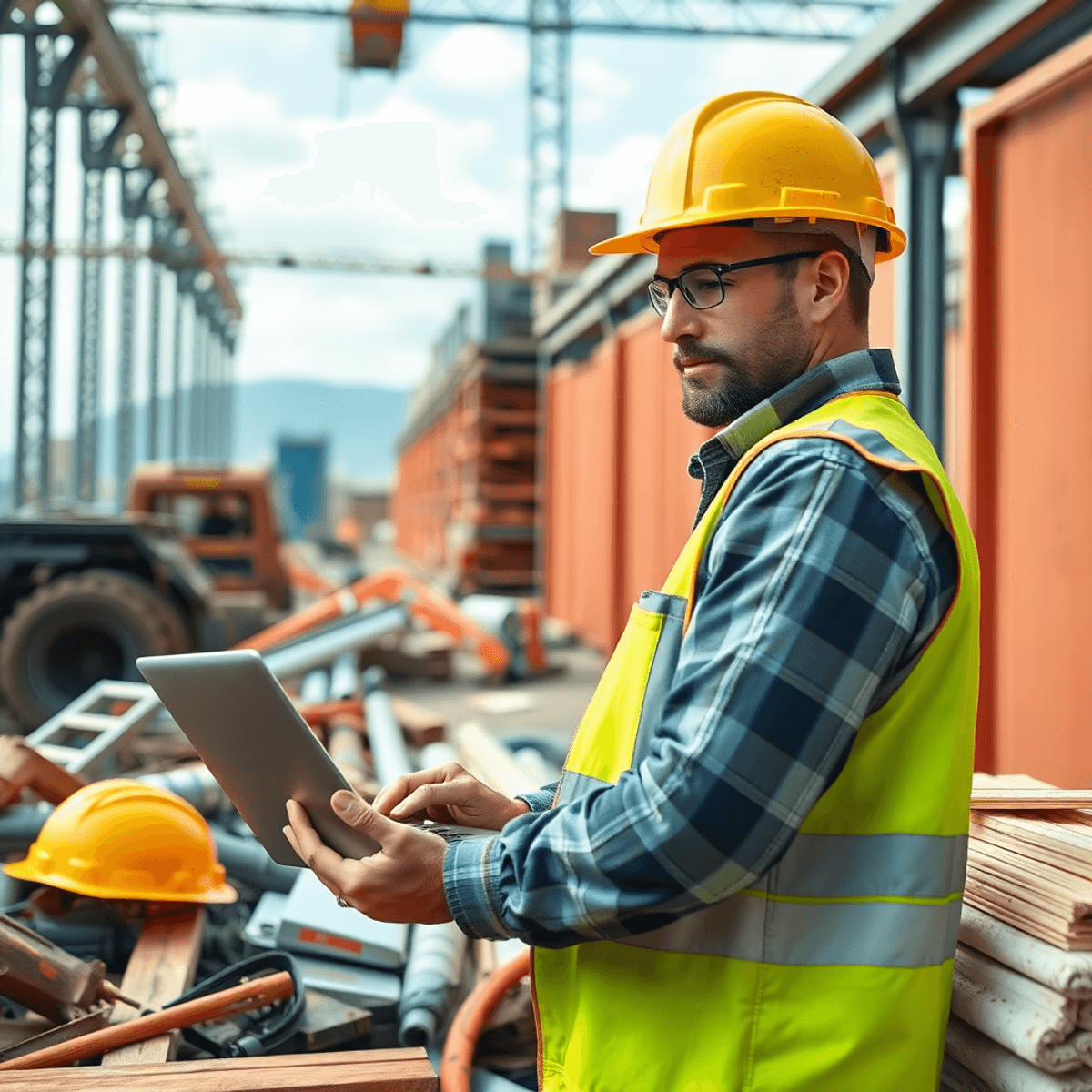 Um trabalhador da construção usando um laptop em um canteiro de obras, cercado por ferramentas e materiais, representando inovação e conexão digital no setor.
