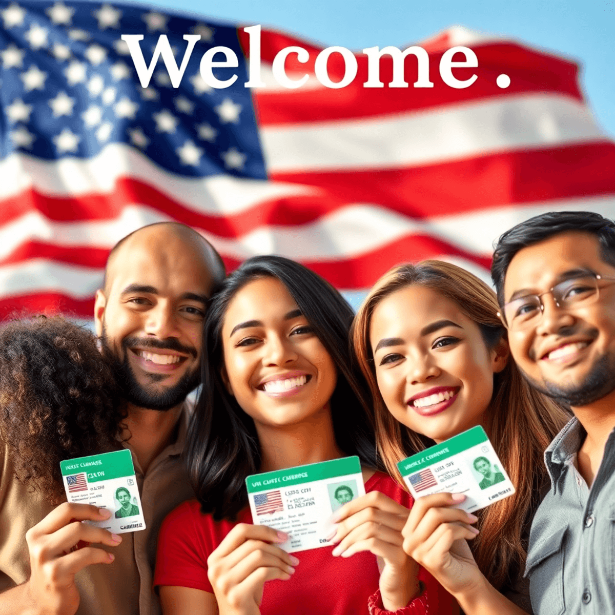 Um grupo diversificado de pessoas sorrindo e segurando seus Green Cards, com uma bandeira americana tremulando orgulhosamente ao fundo, celebrando sua jornada para a cidadania dos EUA.