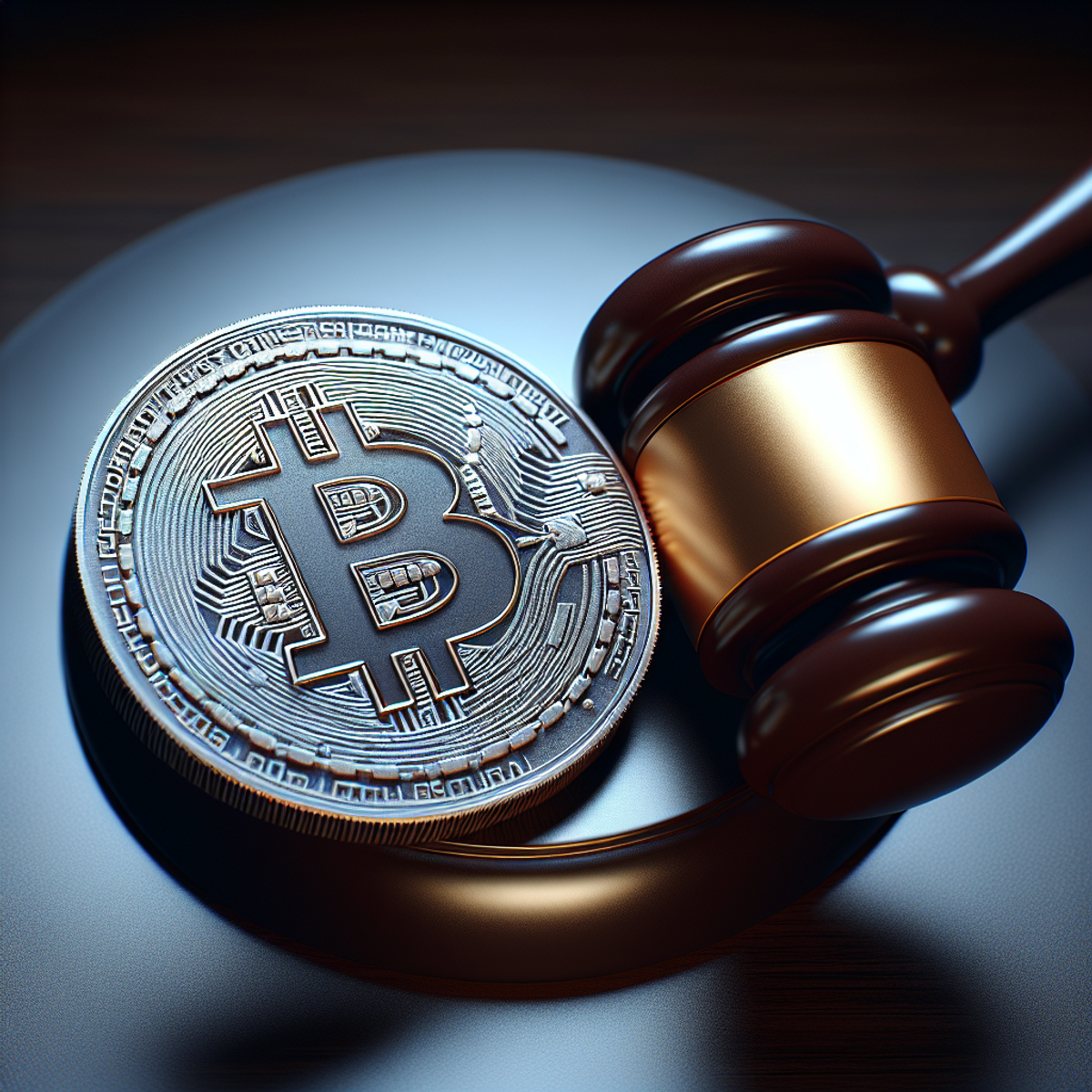 cryptocurrency coin A gavel and a cryptocurrency coin side by side.