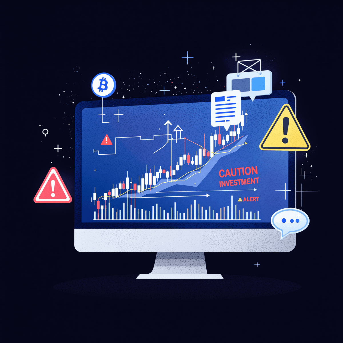 Computer screen showing cryptocurrency trading charts with caution signs and a red alert icon on a dark background symbolizing financial risk.